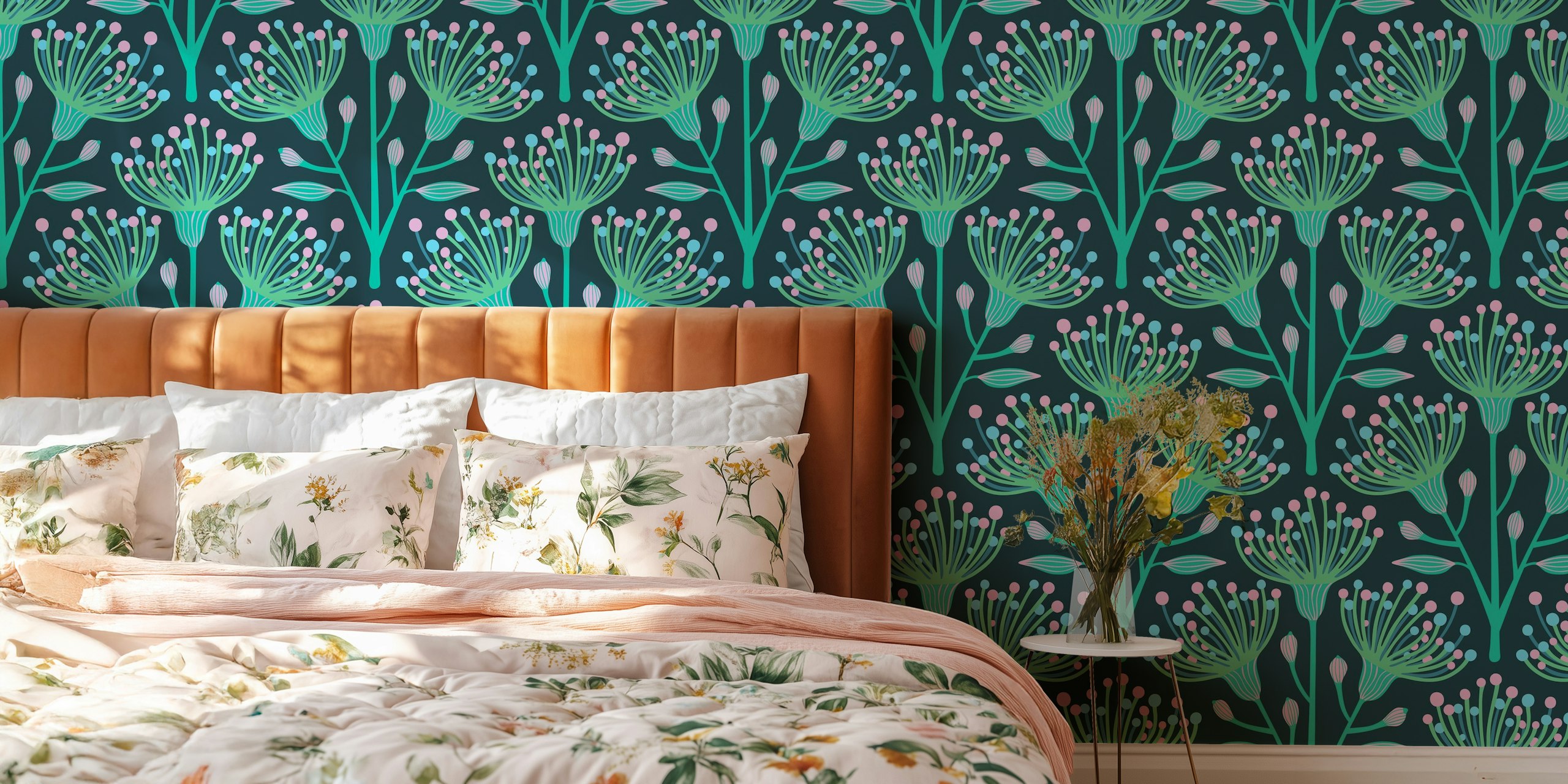 Eucalyptus Floral Kasvitieteellinen Seinämaalaus Vesi- Ja Turkoosivärisinä, Joissa On Seesteisiä Eukalyptuskuvioita.