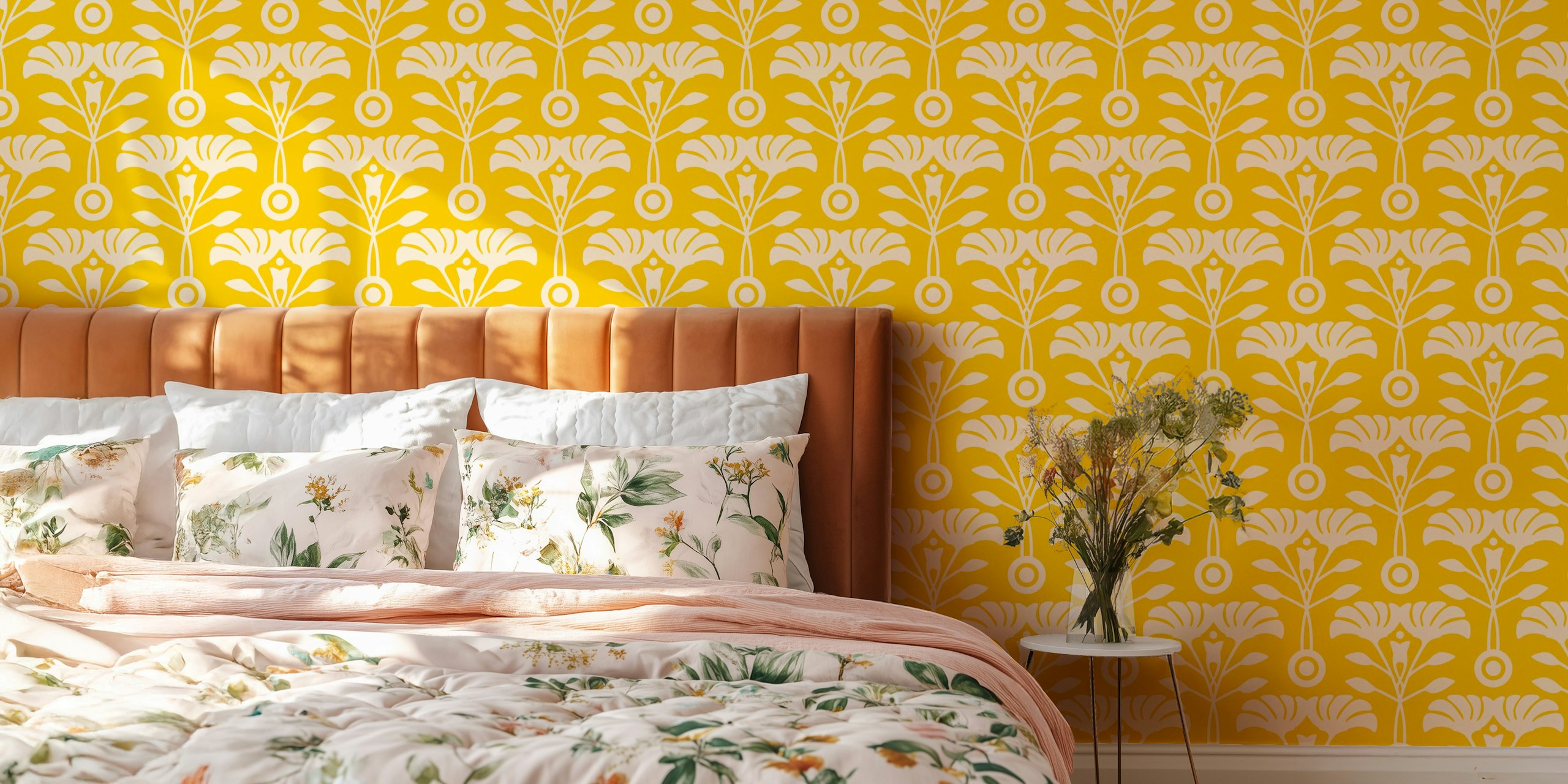 Mid-century floral wallpaper in yellow design