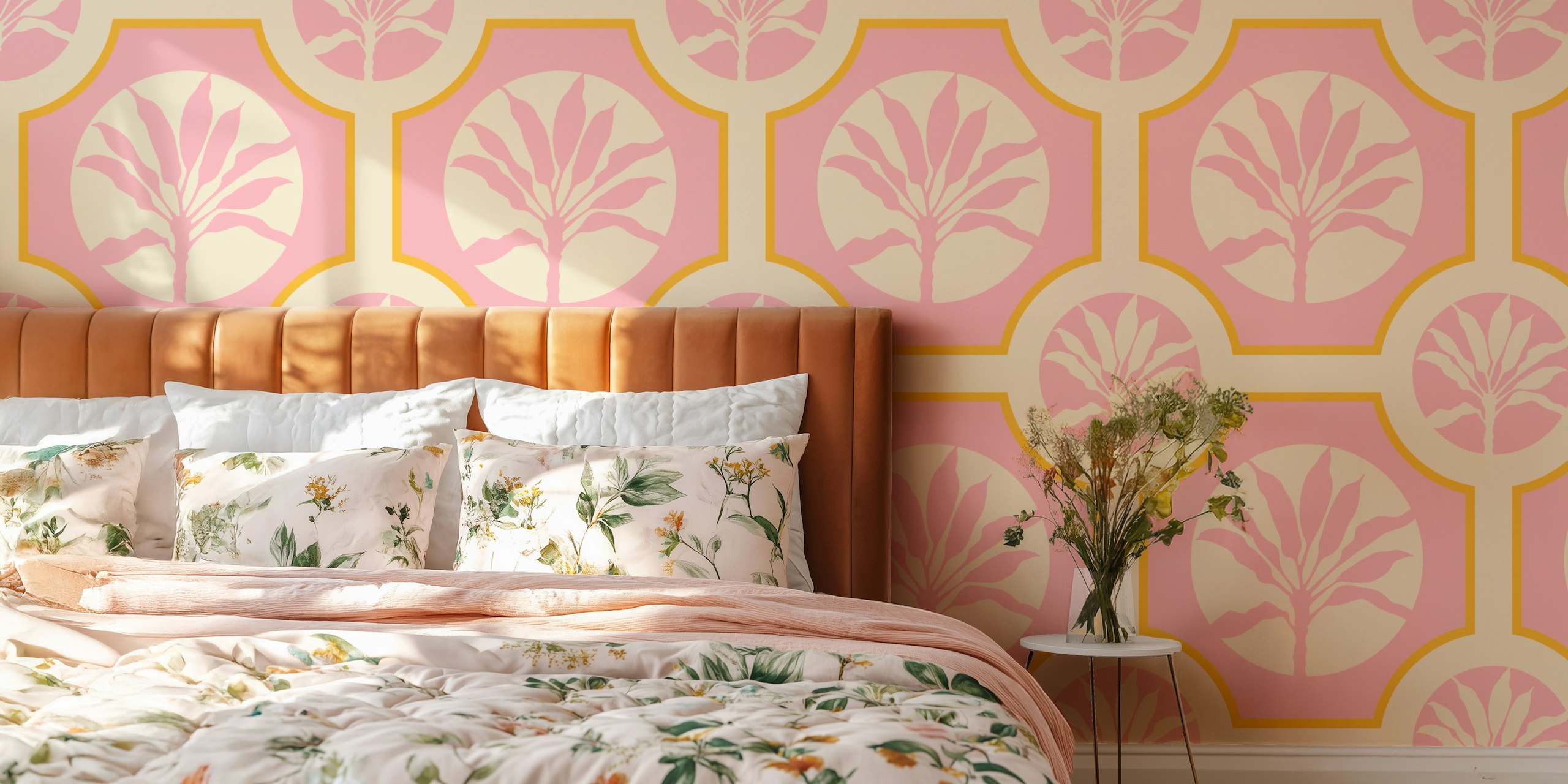 Maroc Tropical Ti Plant Tiles Pink Tapeta U Sobi