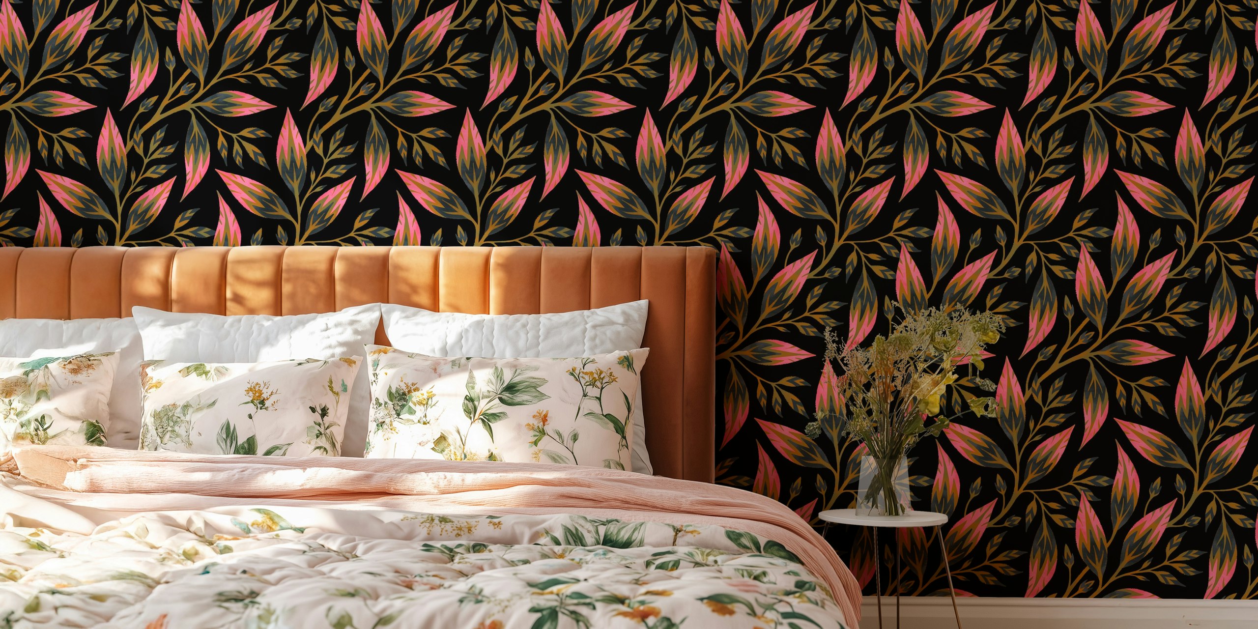 Frondescence wallpaper in olive and pink design