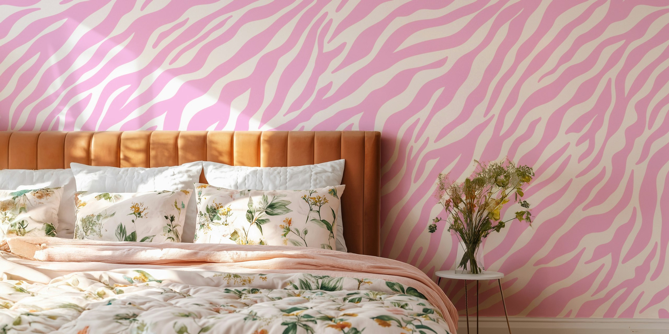 Pastel pink zebra stripes wallpaper in pink and white colors.