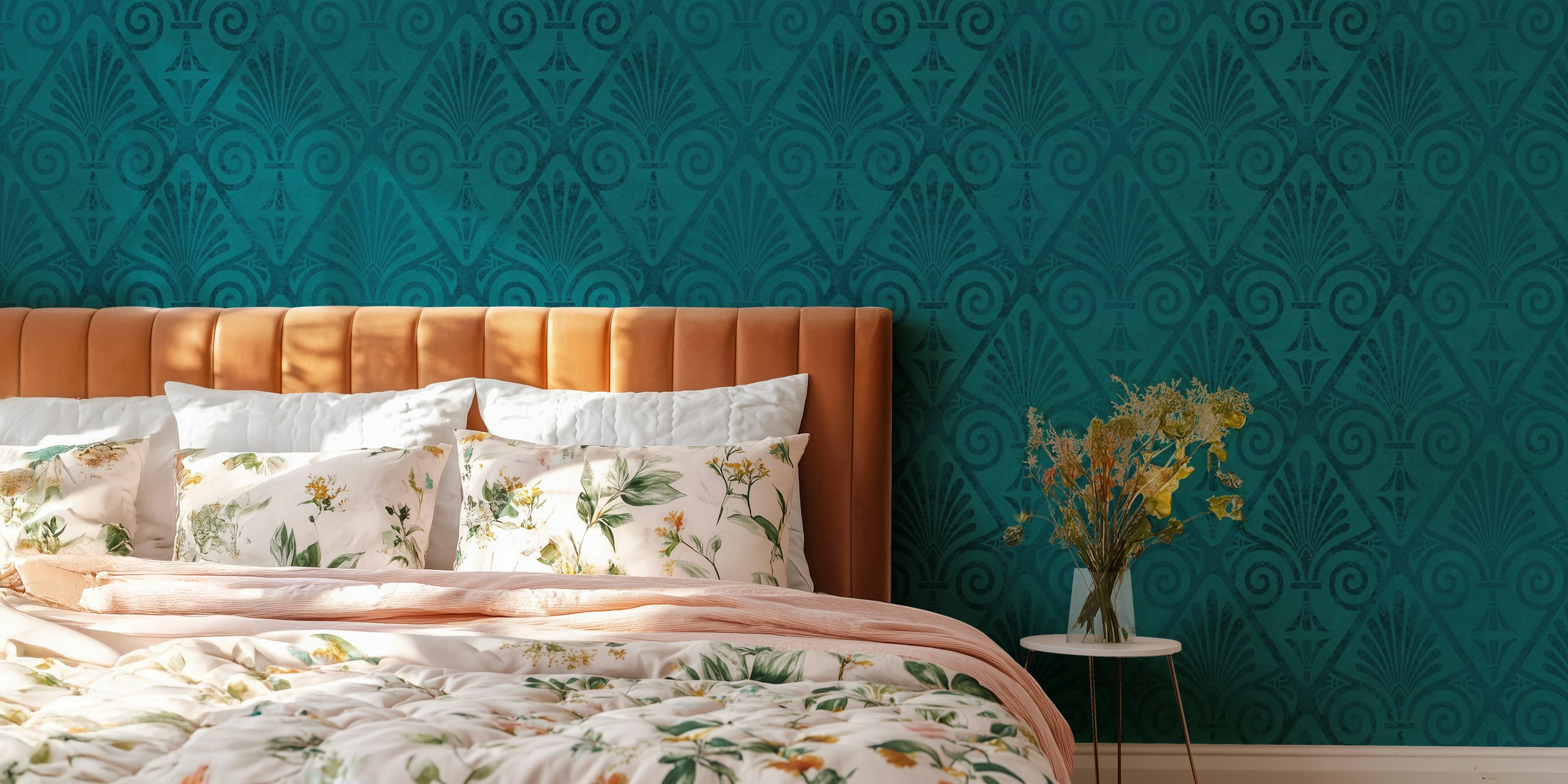 Mural de parede com padrão Teal Art Déco da Happywall retratando um design geométrico luxuoso.