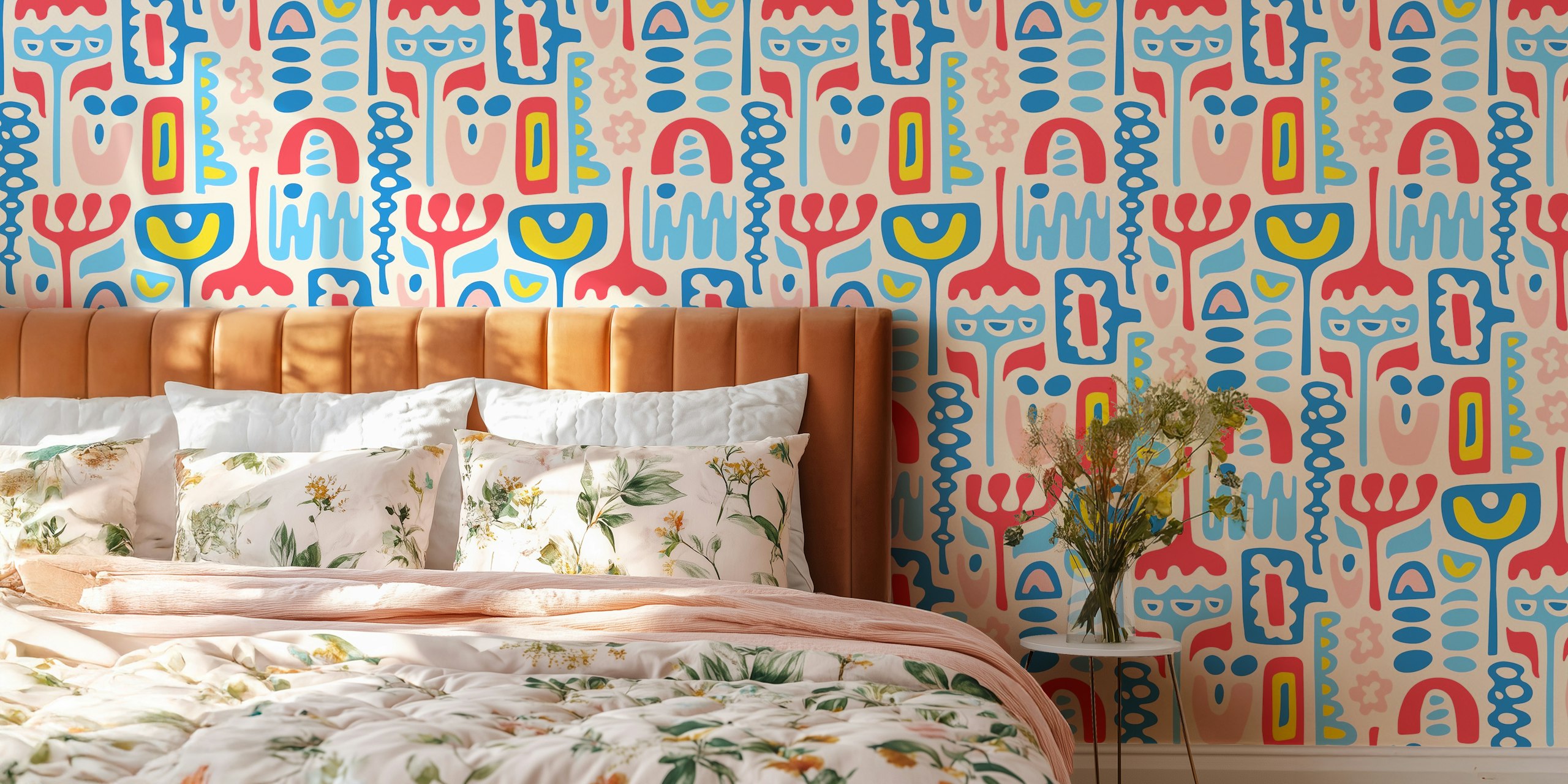 Colorful abstract shapes in red, blue, and pink wallpaper