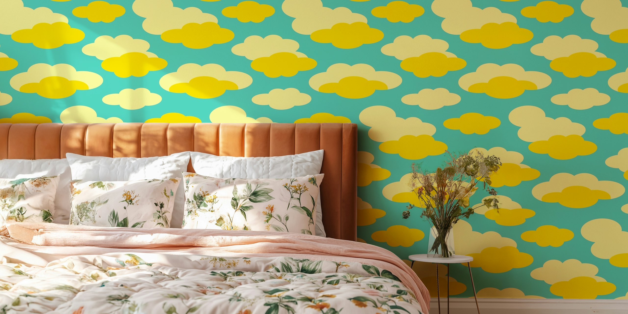 Fluffy yellow and cream clouds on a turquoise background wallpaper