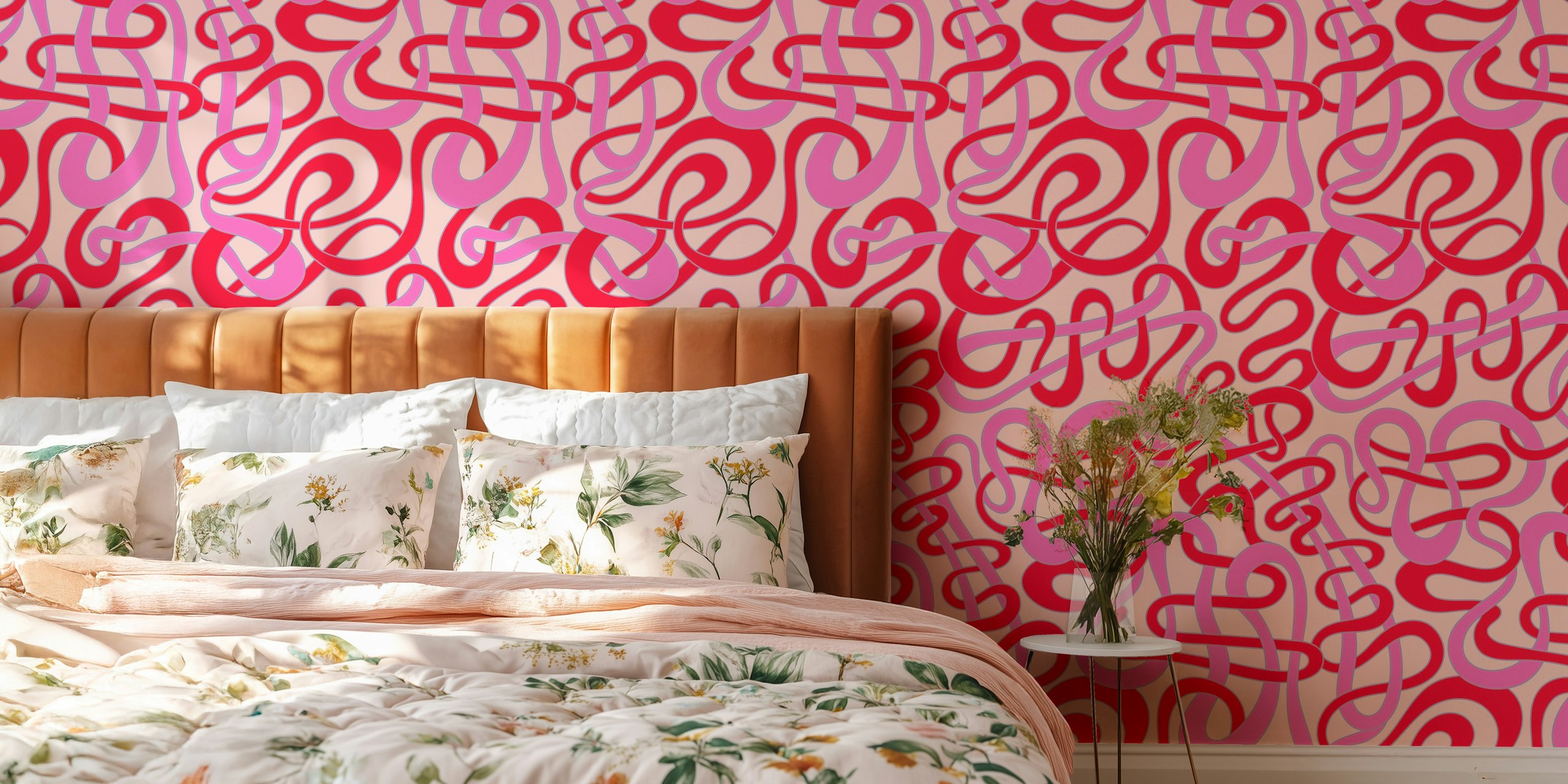 Abstract tangled squiggly stripes in pink and red wallpaper