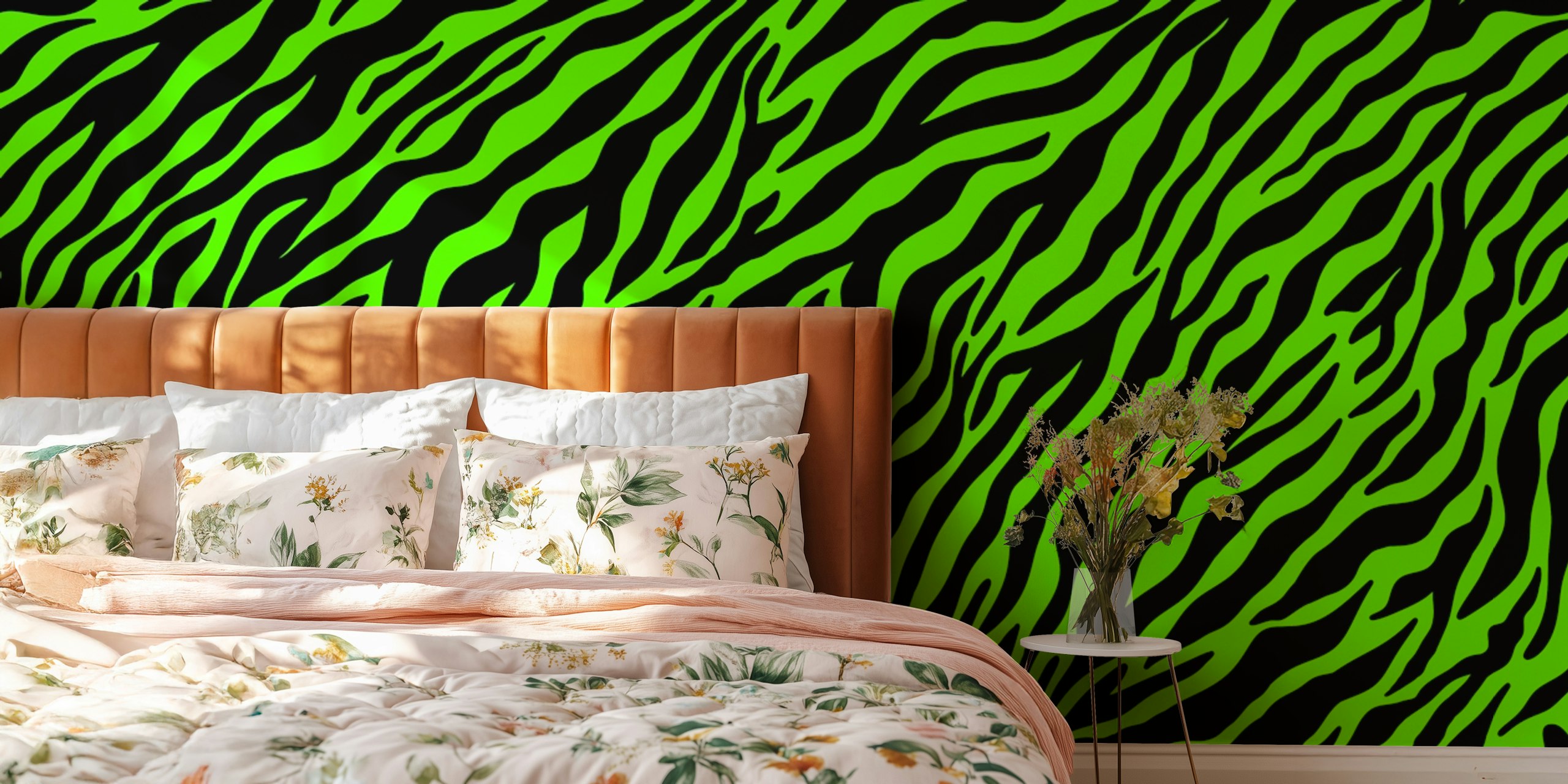 neon green and black zebra stripe pattern wall mural