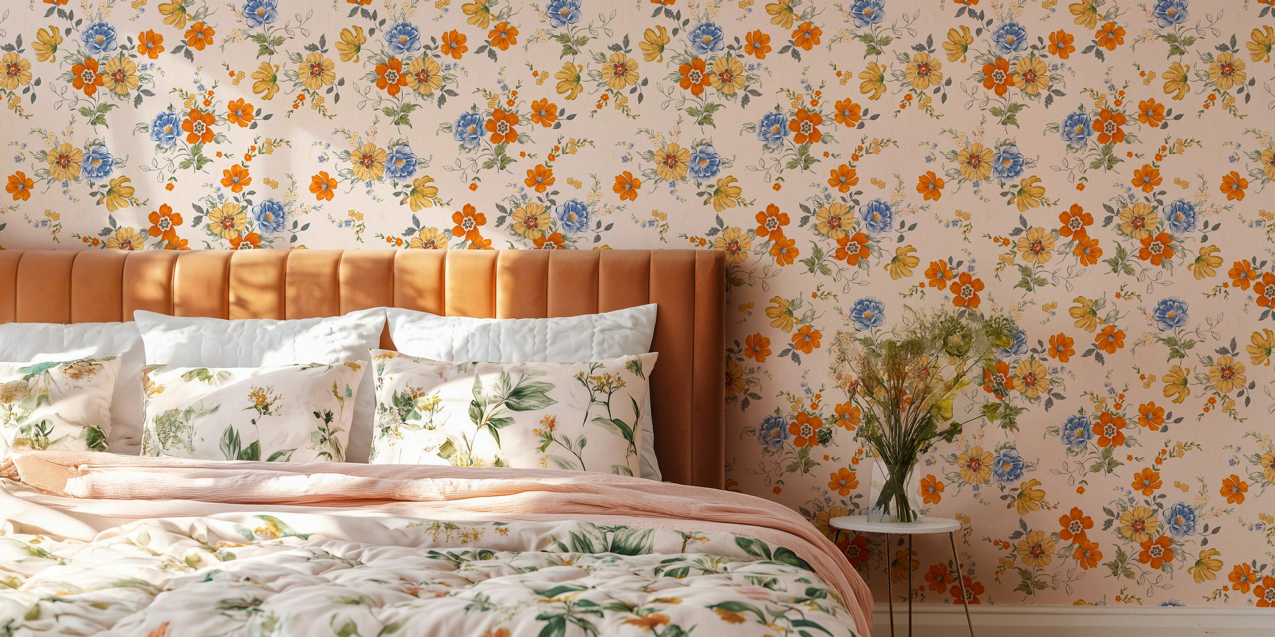 Vintage floral wallpaper featuring multicolor flowers on light background