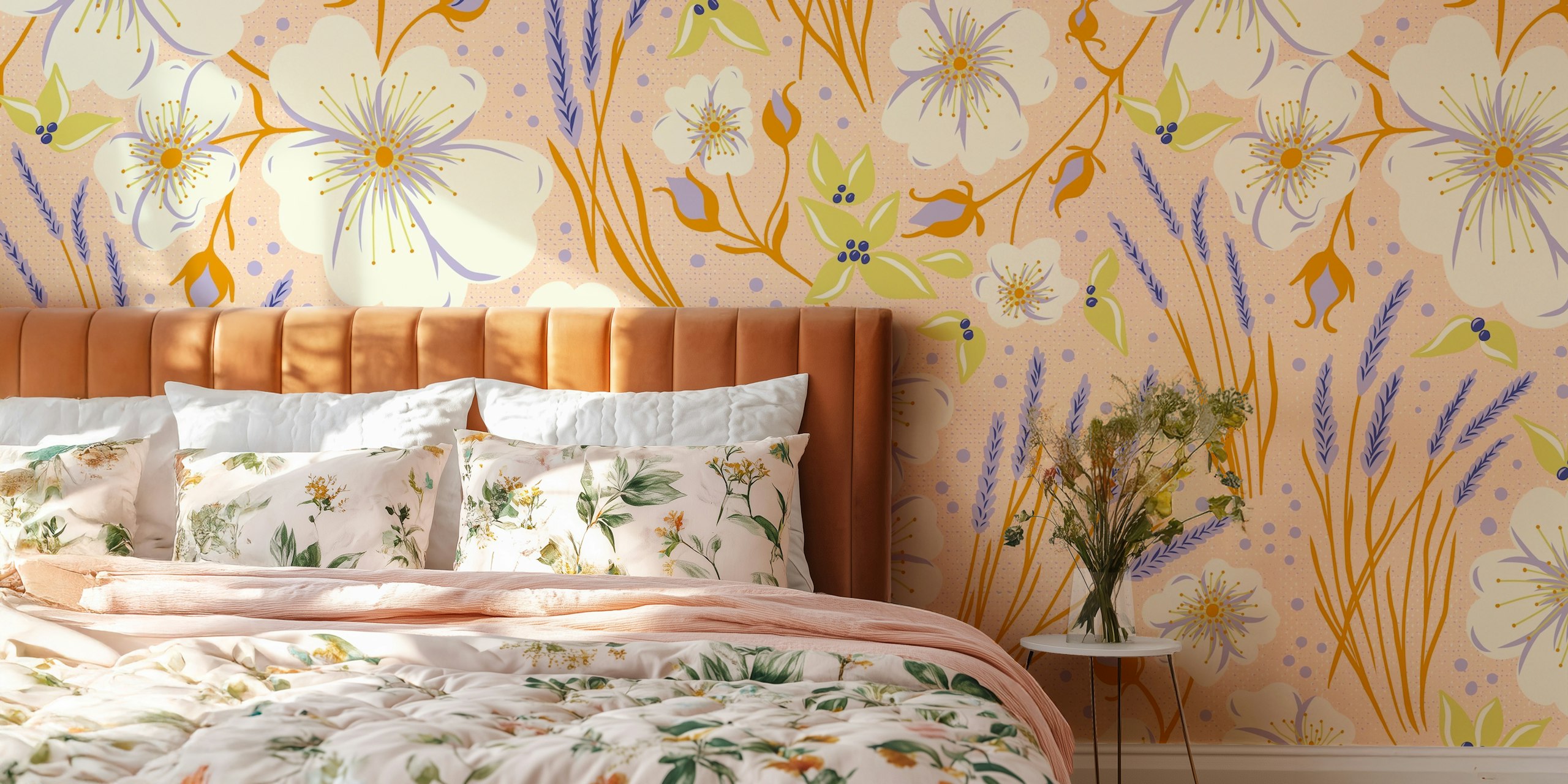 White wildroses and lavender on peach background wallpaper