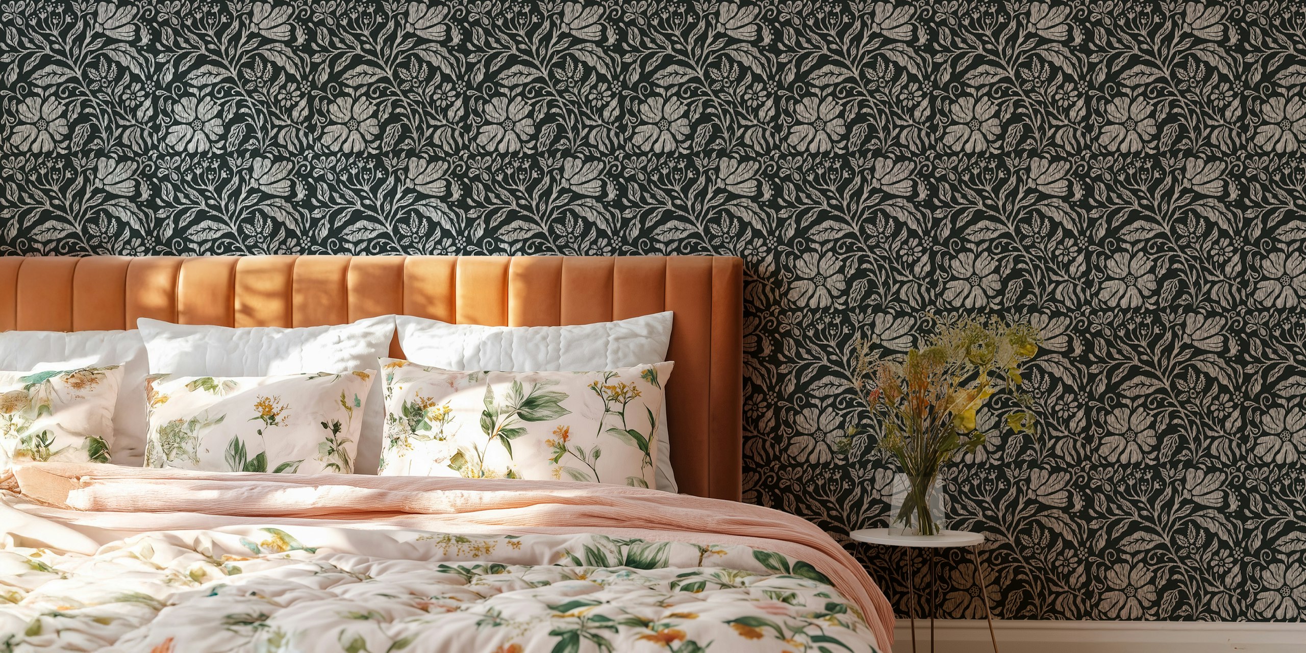 Block print floral wallpaper in a room