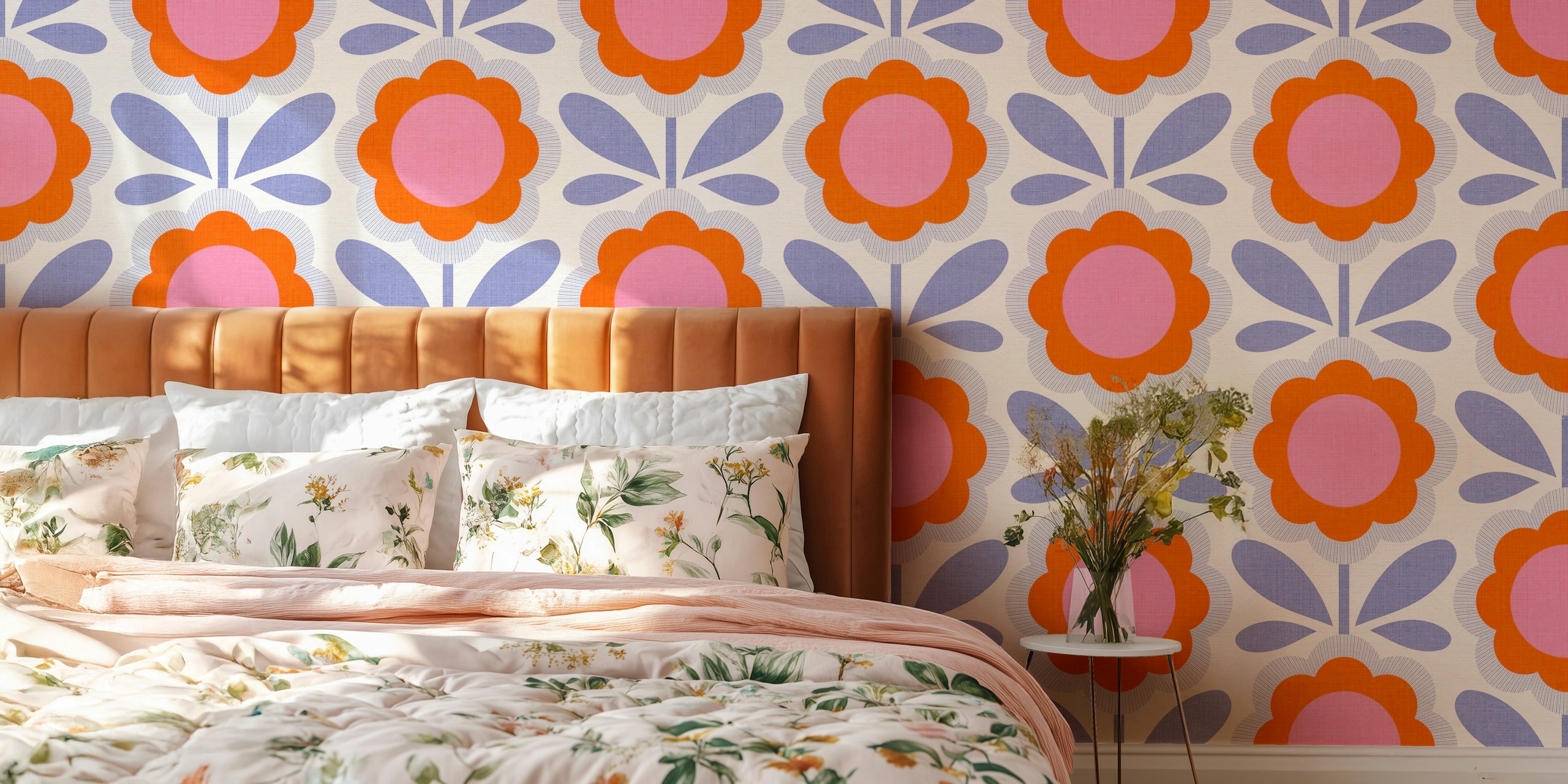 Retro daisy flowers wallpaper in a room