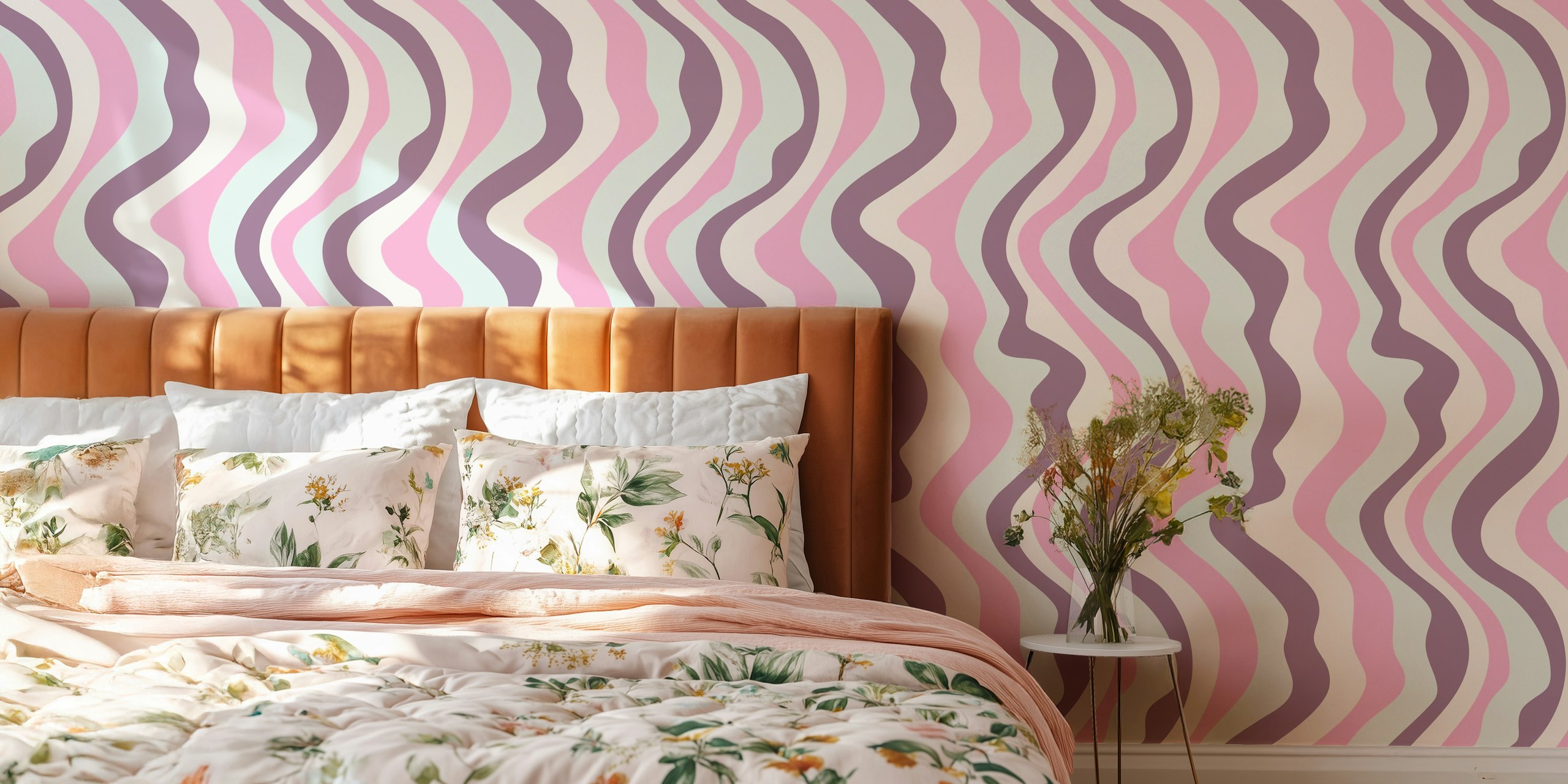 Wavy stripes in pastel pink, plum, and mint green wallpaper