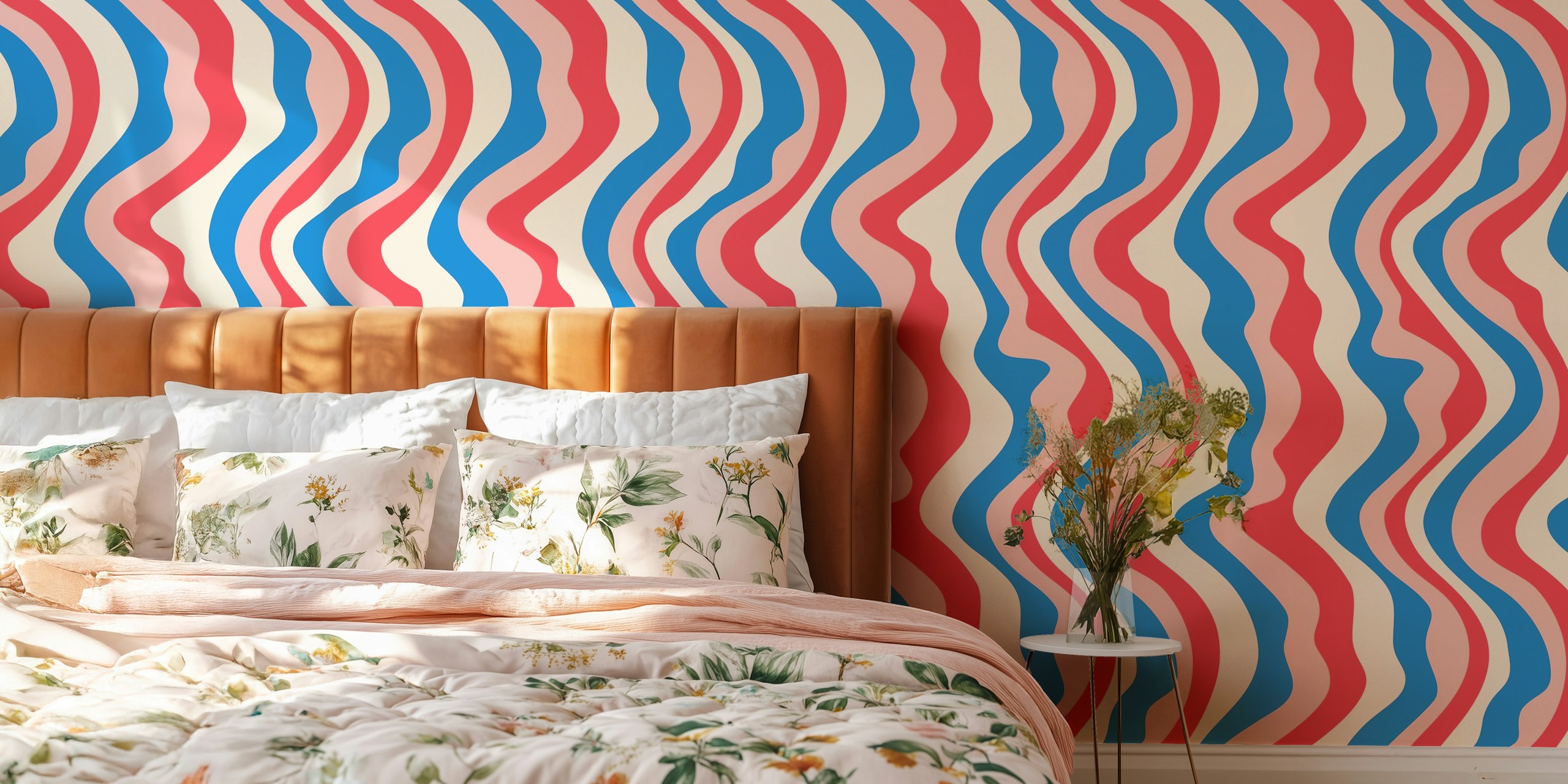 Wavy stripes in red, blue, and pink on cream background wallpaper