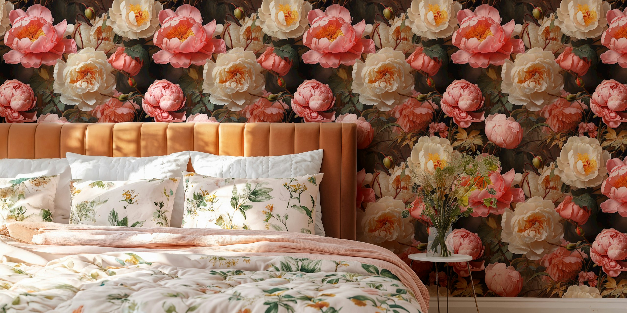 Lush pink and ivory peonies on a dark background wall mural