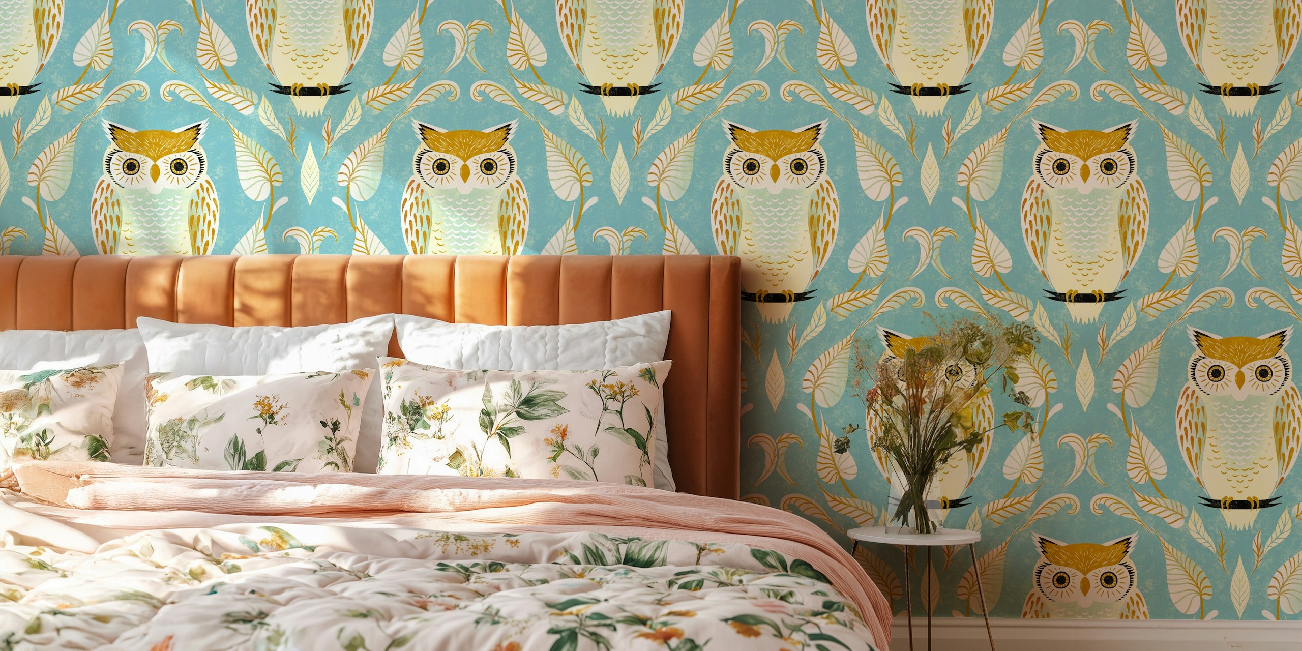 Colorful snow owl and leaf pattern on aqua blue wallpaper