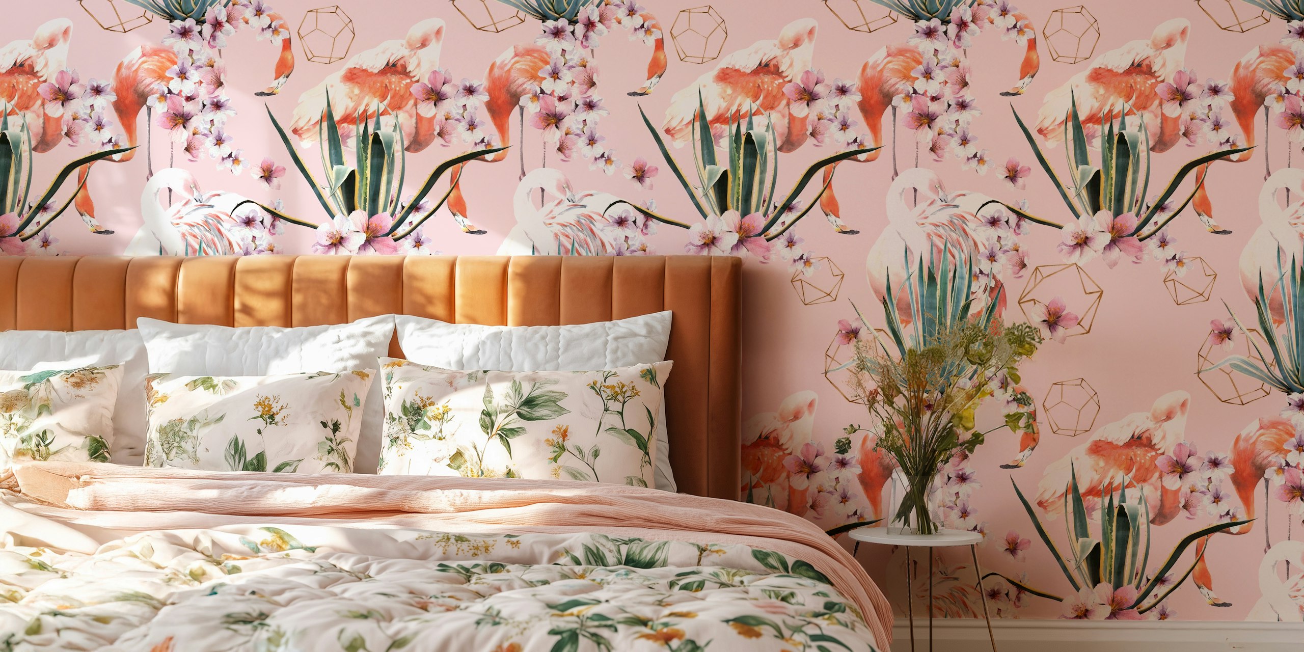 Pink flamingos wallpaper u udobnoj sobi