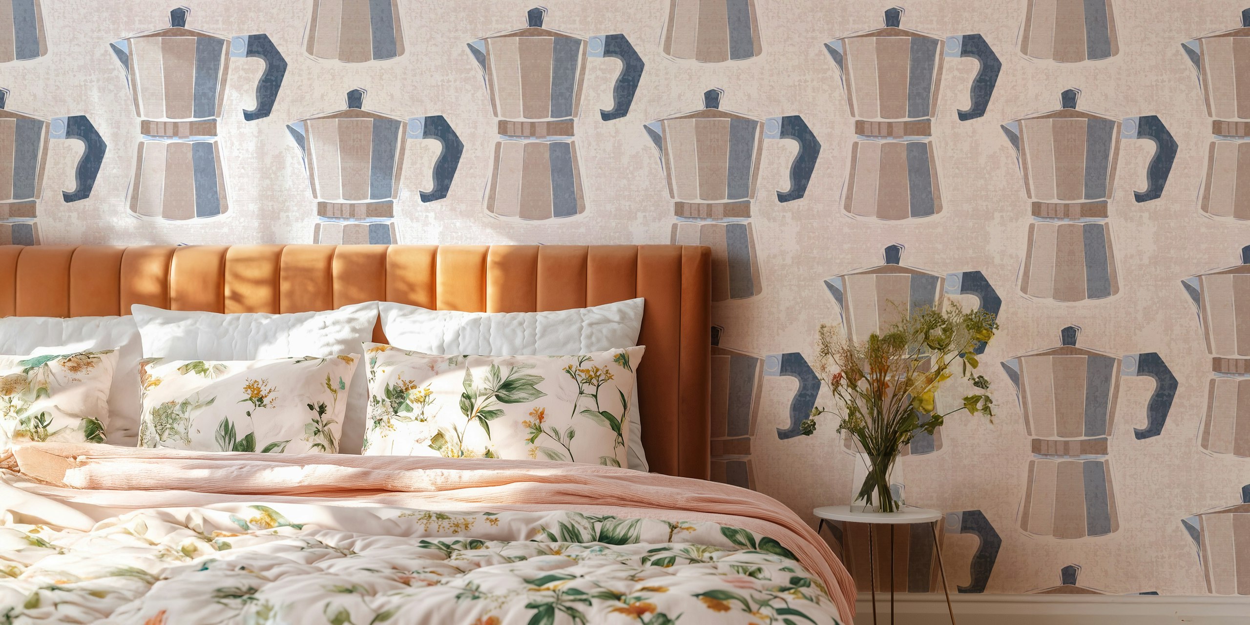 Fototapete im Pop-Art-Stil mit italienischen Kaffeemaschinen und Moka-Kannen in einer neutralen Farbpalette.