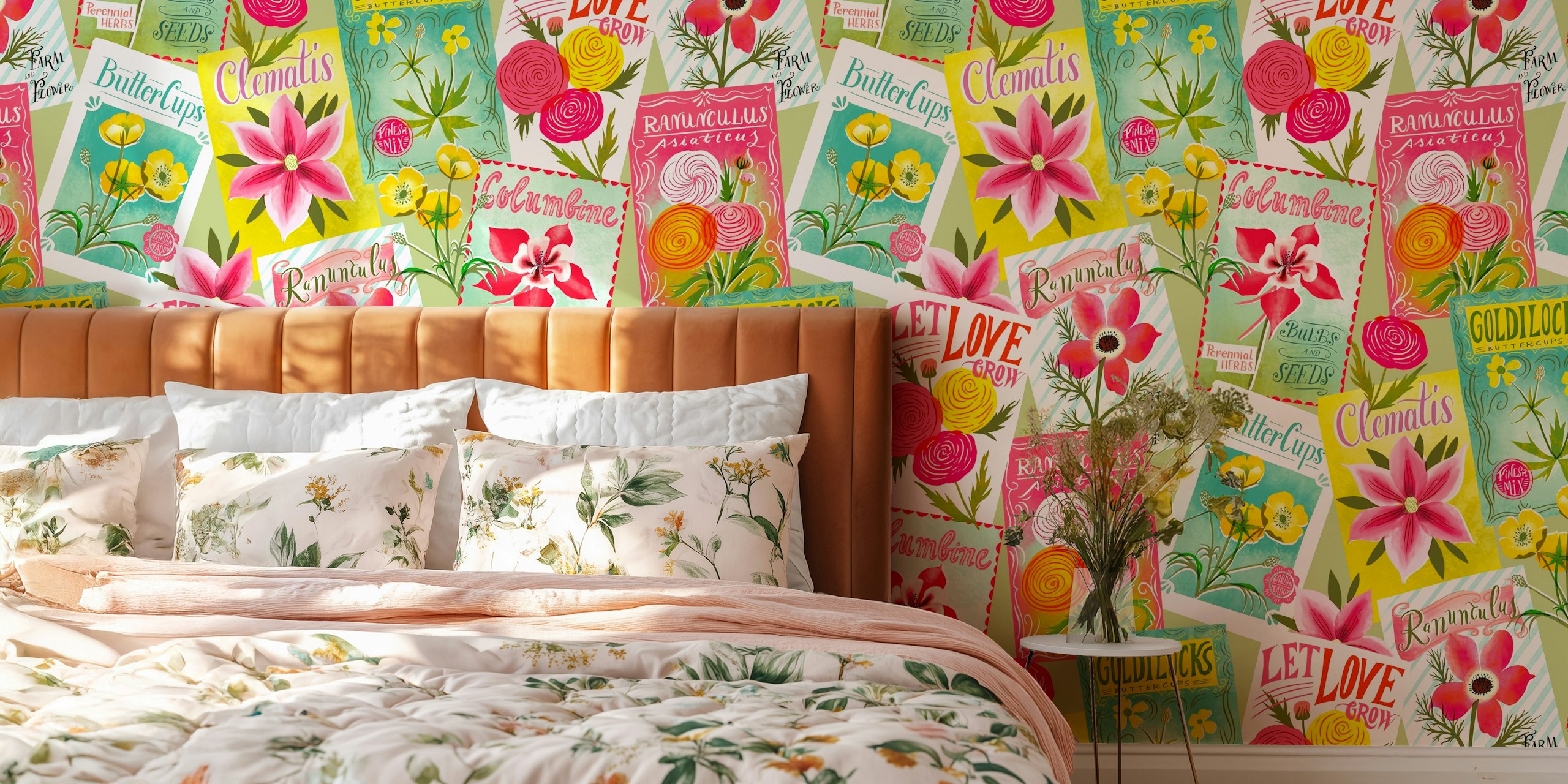 Vintage seed packets wallpaper design in a room