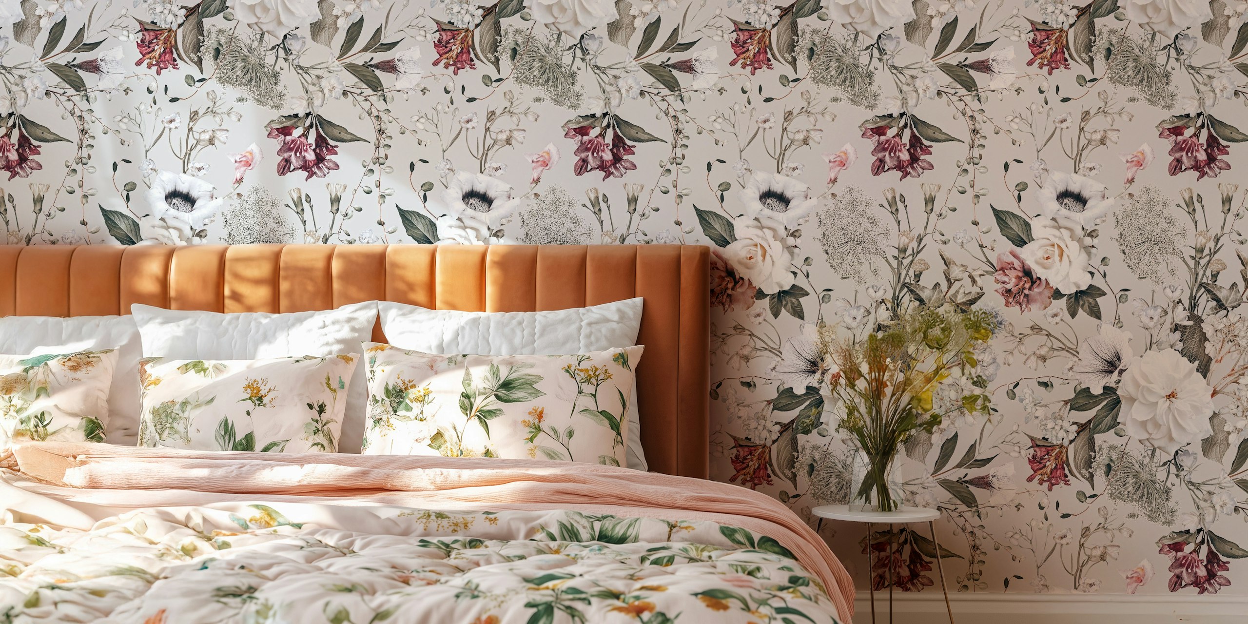 Floral motifs in soft pastels with green leaves wallpaper