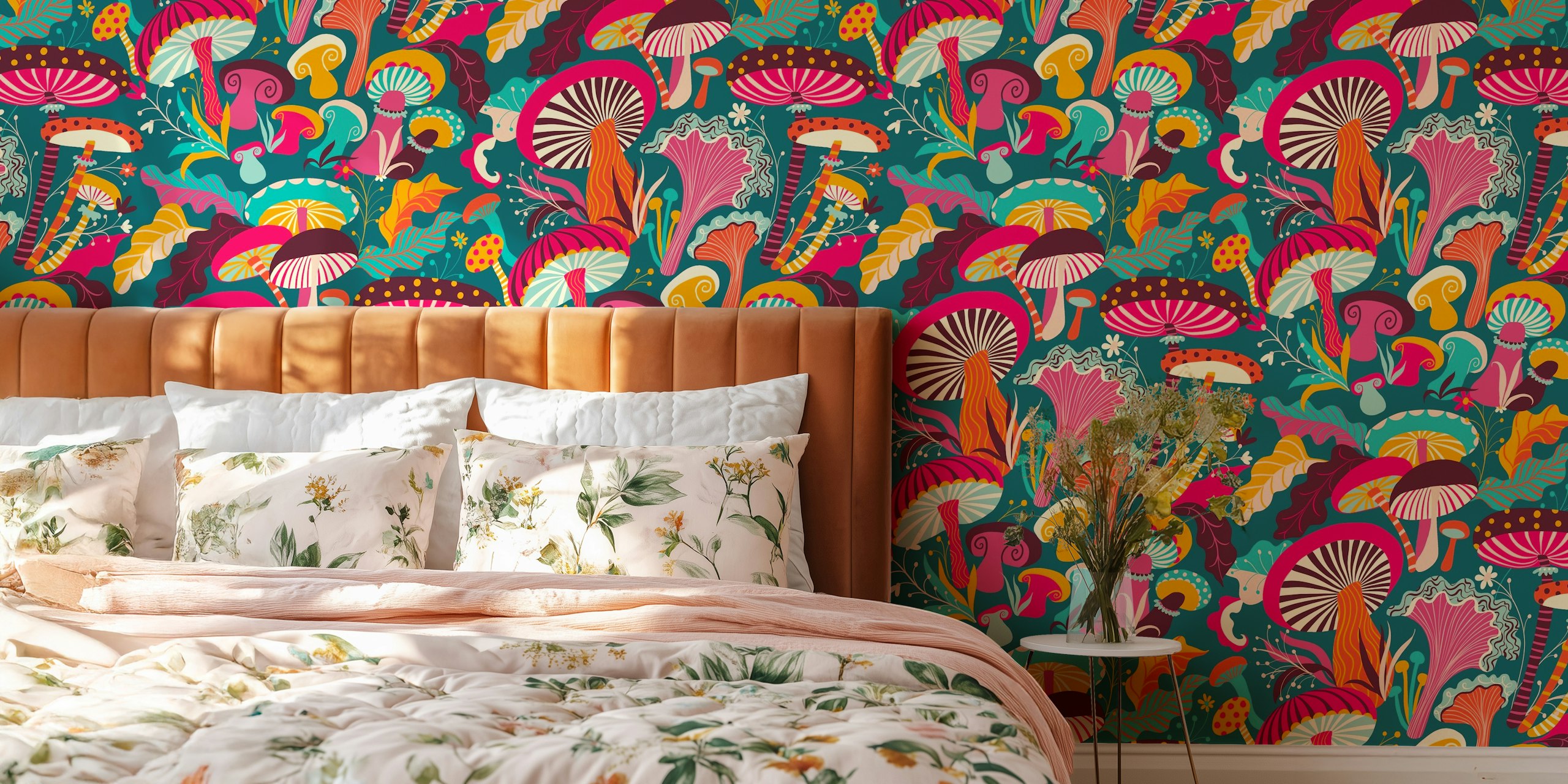 Colorful mushrooms and flowers pattern wallpaper
