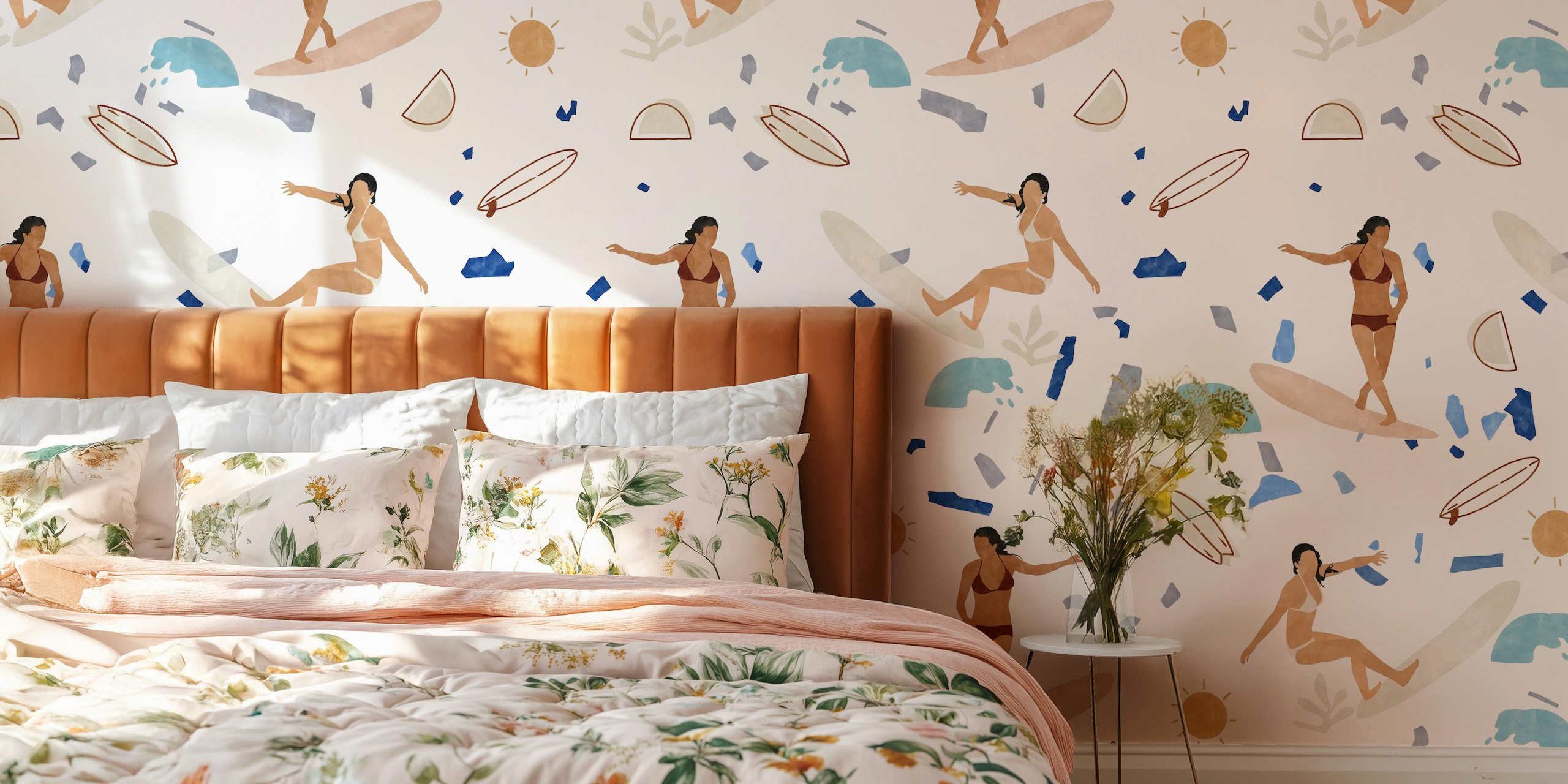 Surfers, ocean elements, and abstract shapes in watercolor wallpaper