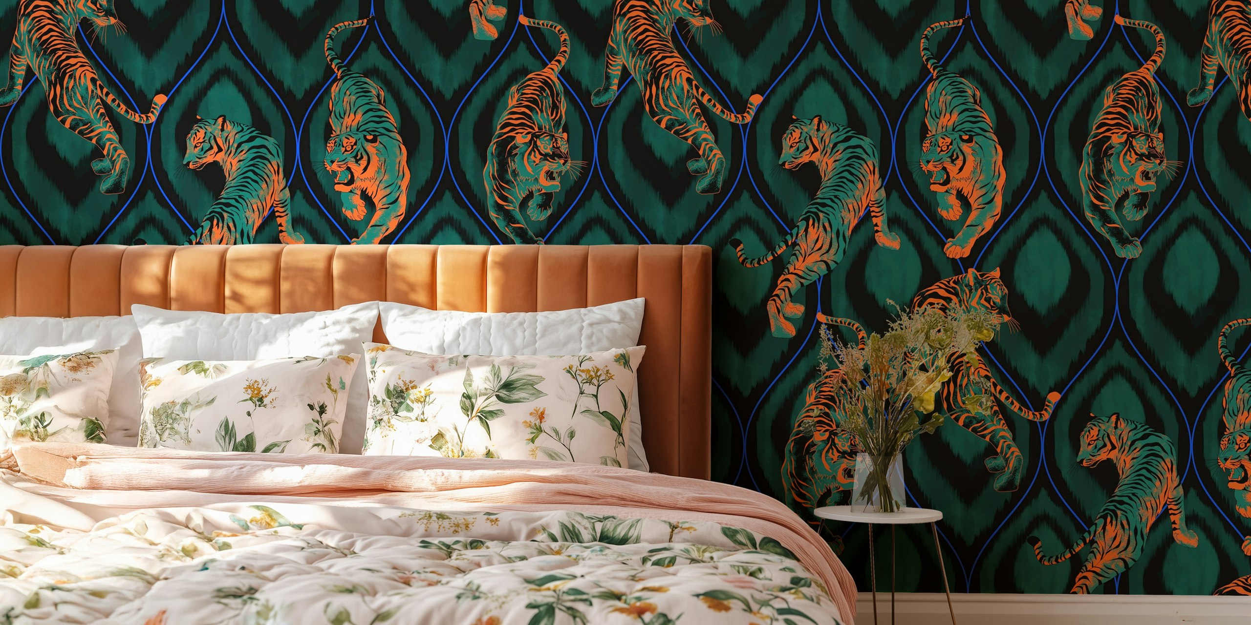 Tigre noir et orange sur motif teal, wallpaper