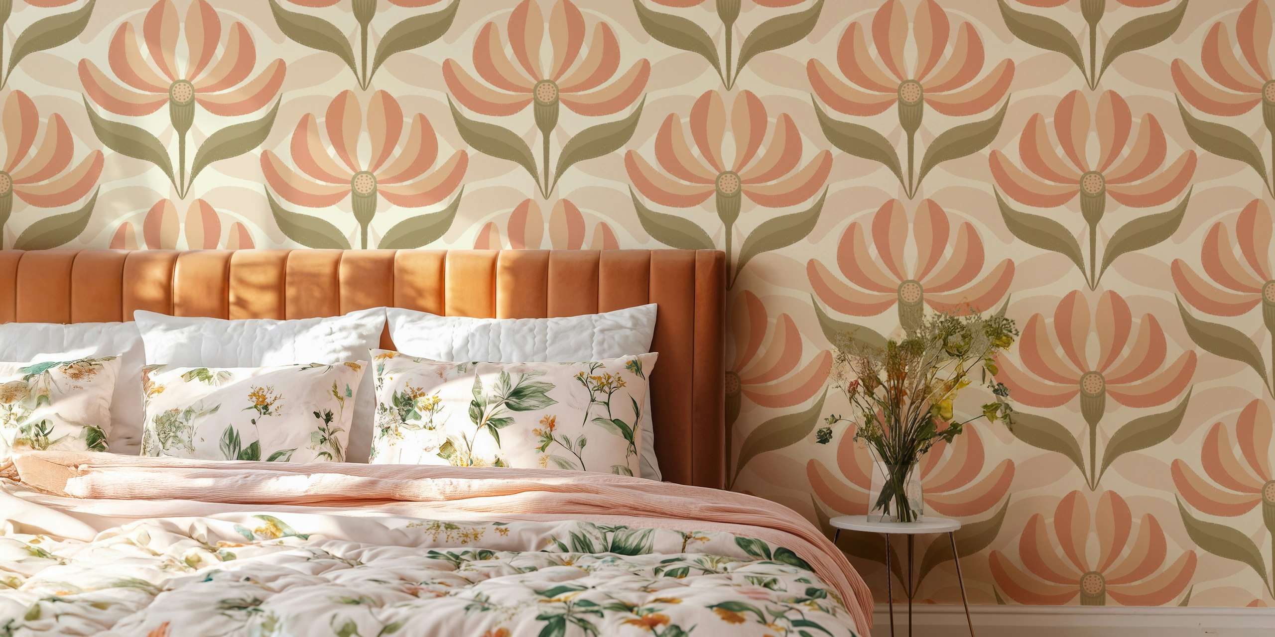 Retro Geometric Floral wallpaper in a room.
