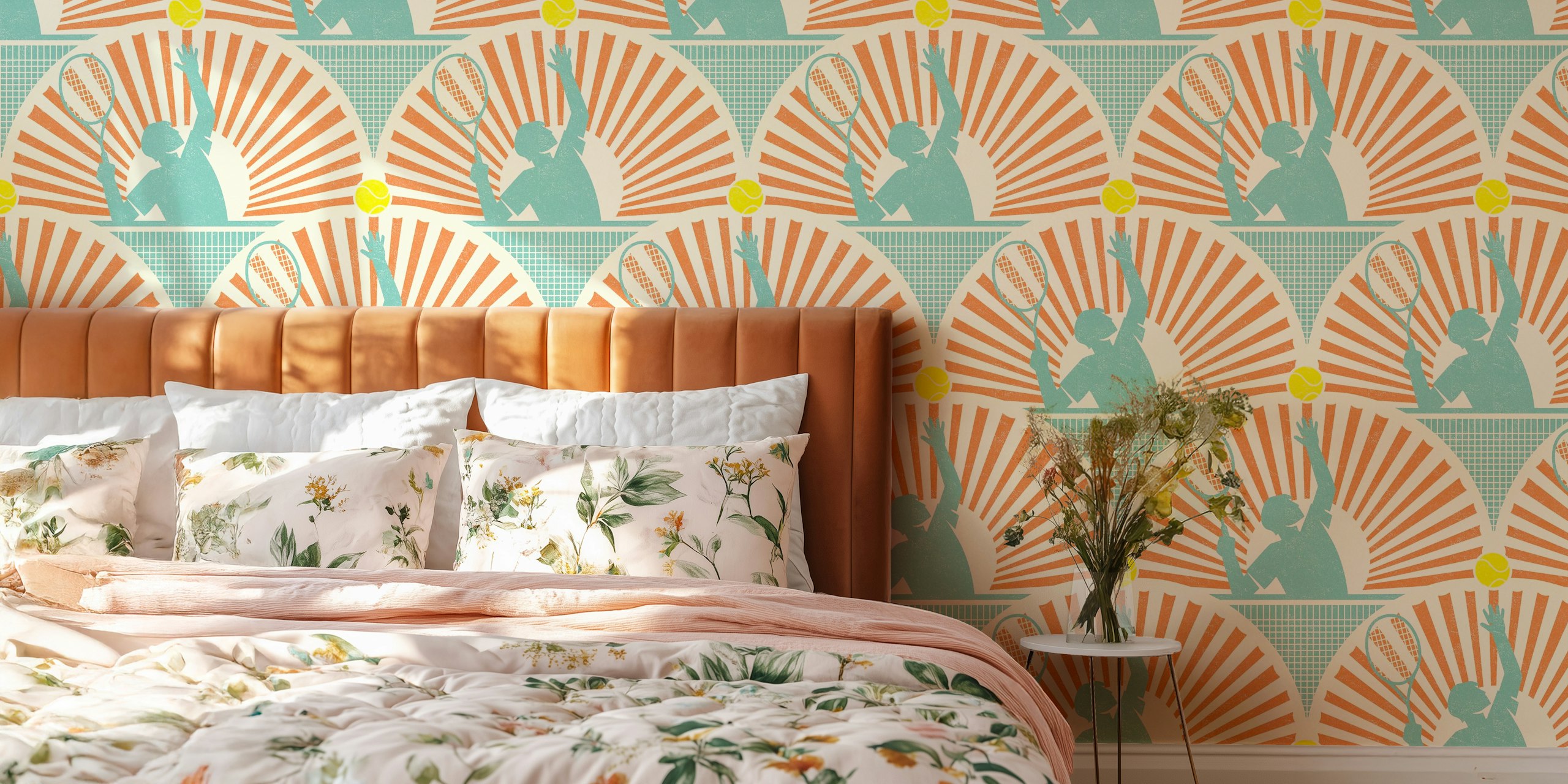 Illustrative wall mural of stylized tennis players with sunburst patterns in blue and sienna