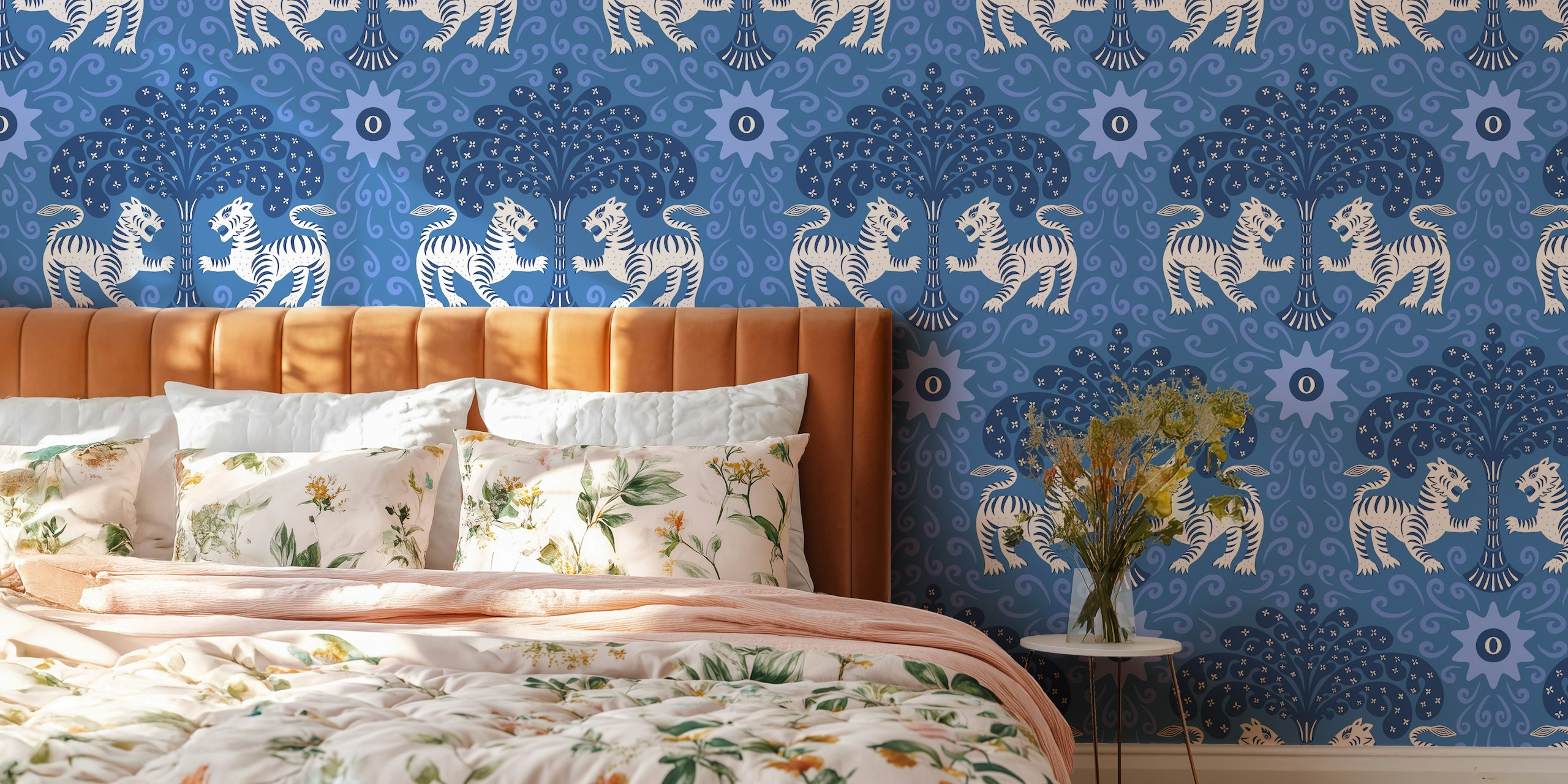 Blue and white tribal tiger pattern wall mural