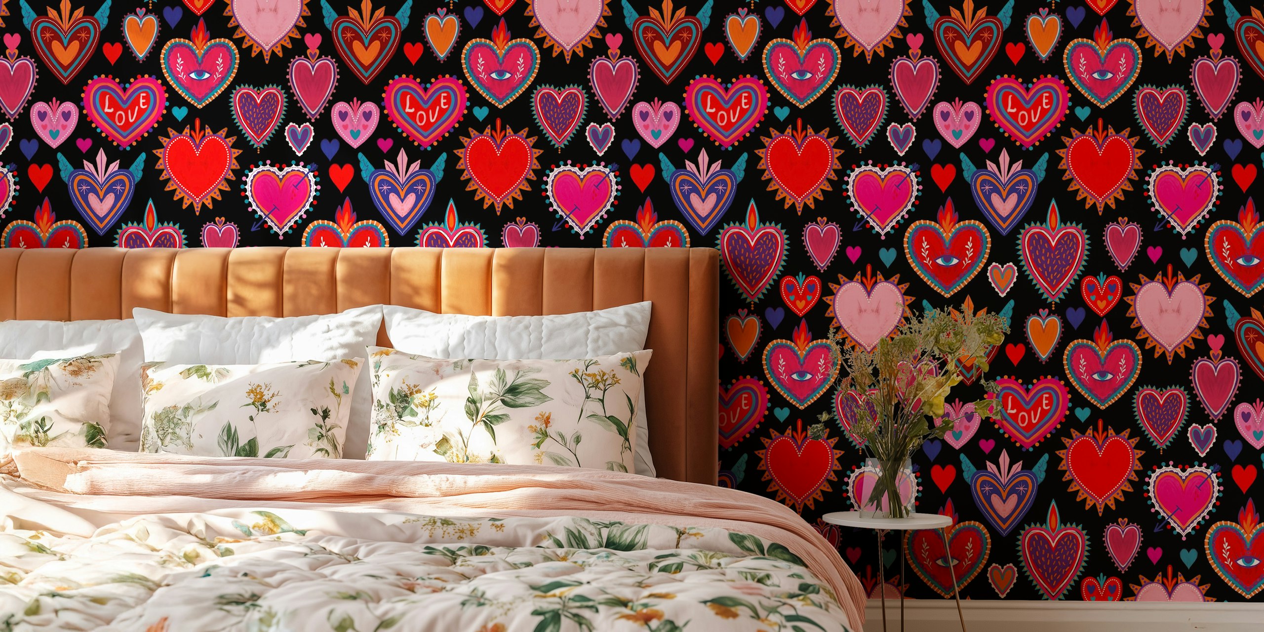 Colorful heart patterns on a black background wallpaper