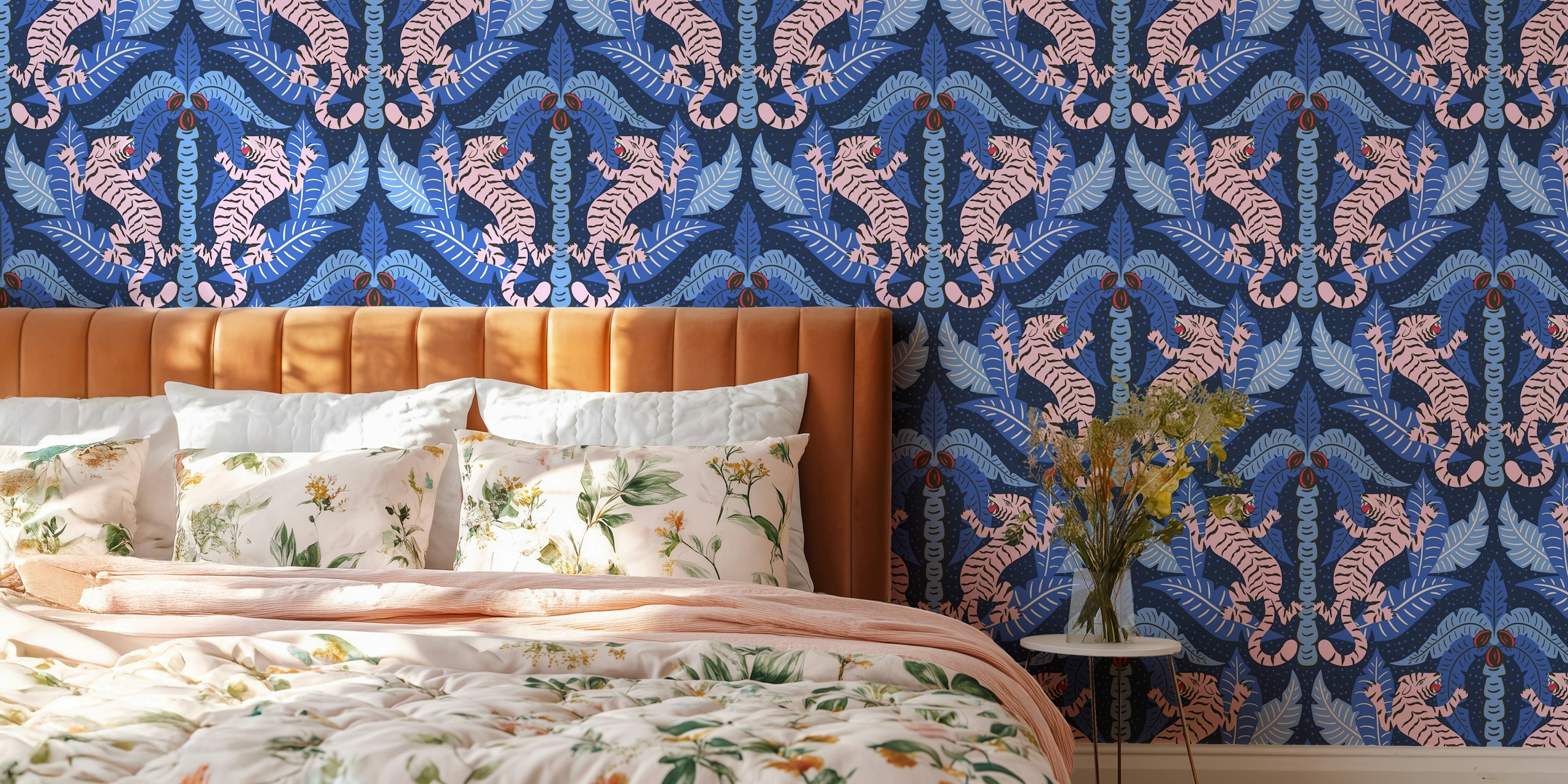 Pink tigers and blue palm leaves on dark background wallpaper