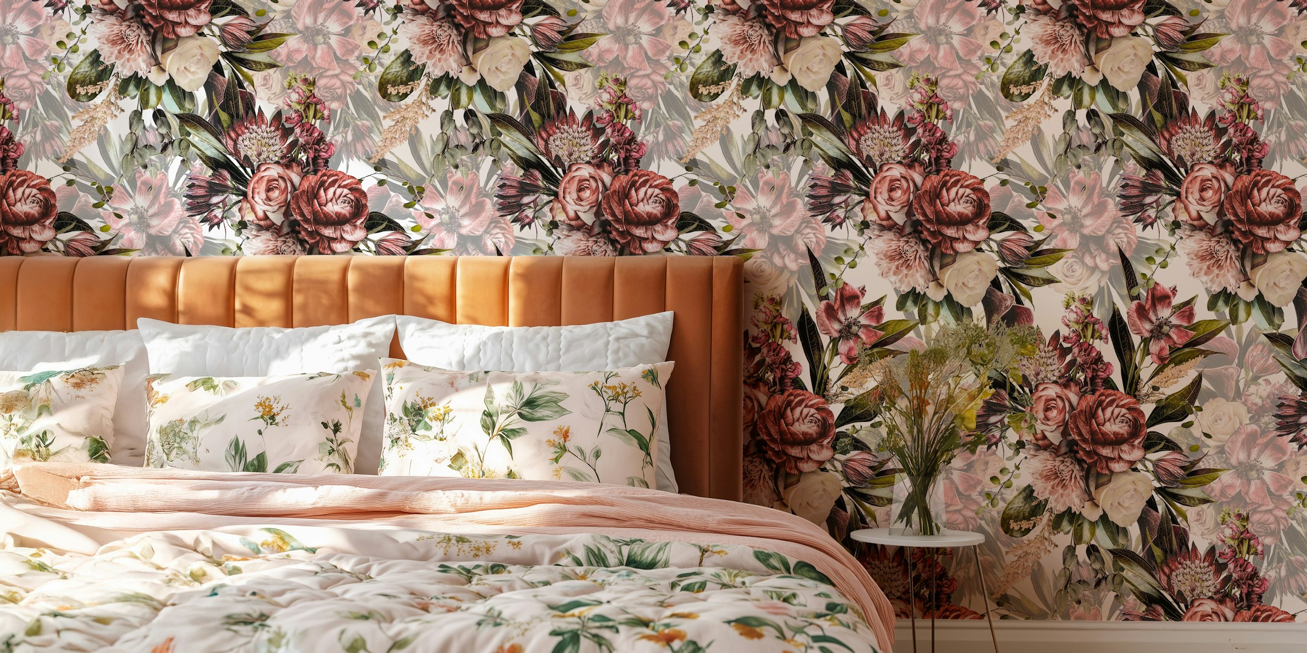 Vintage floral design with roses, lilies, and greens wallpaper