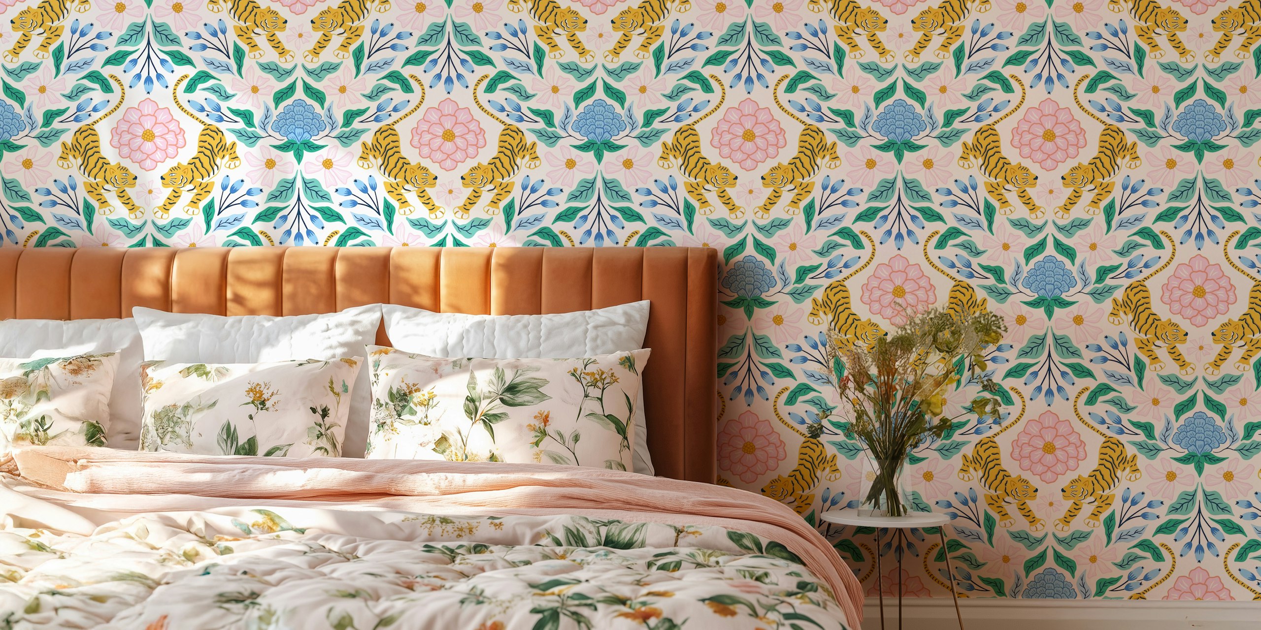 Εικονιστικό mural tiger και flowers με τροπικά και βοτανικά μοτίβα