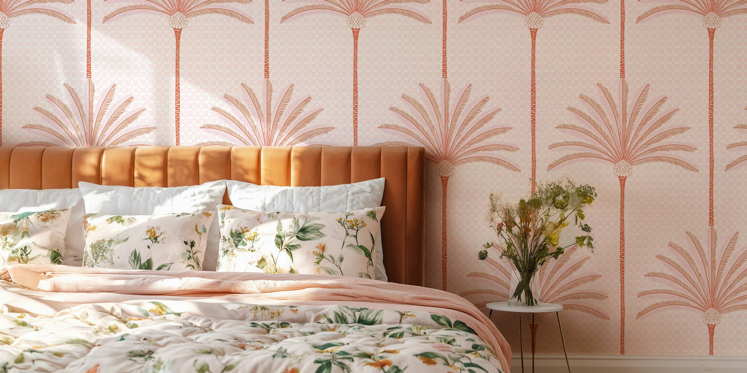 Palm Stripes pink wallpaper displayed in a room