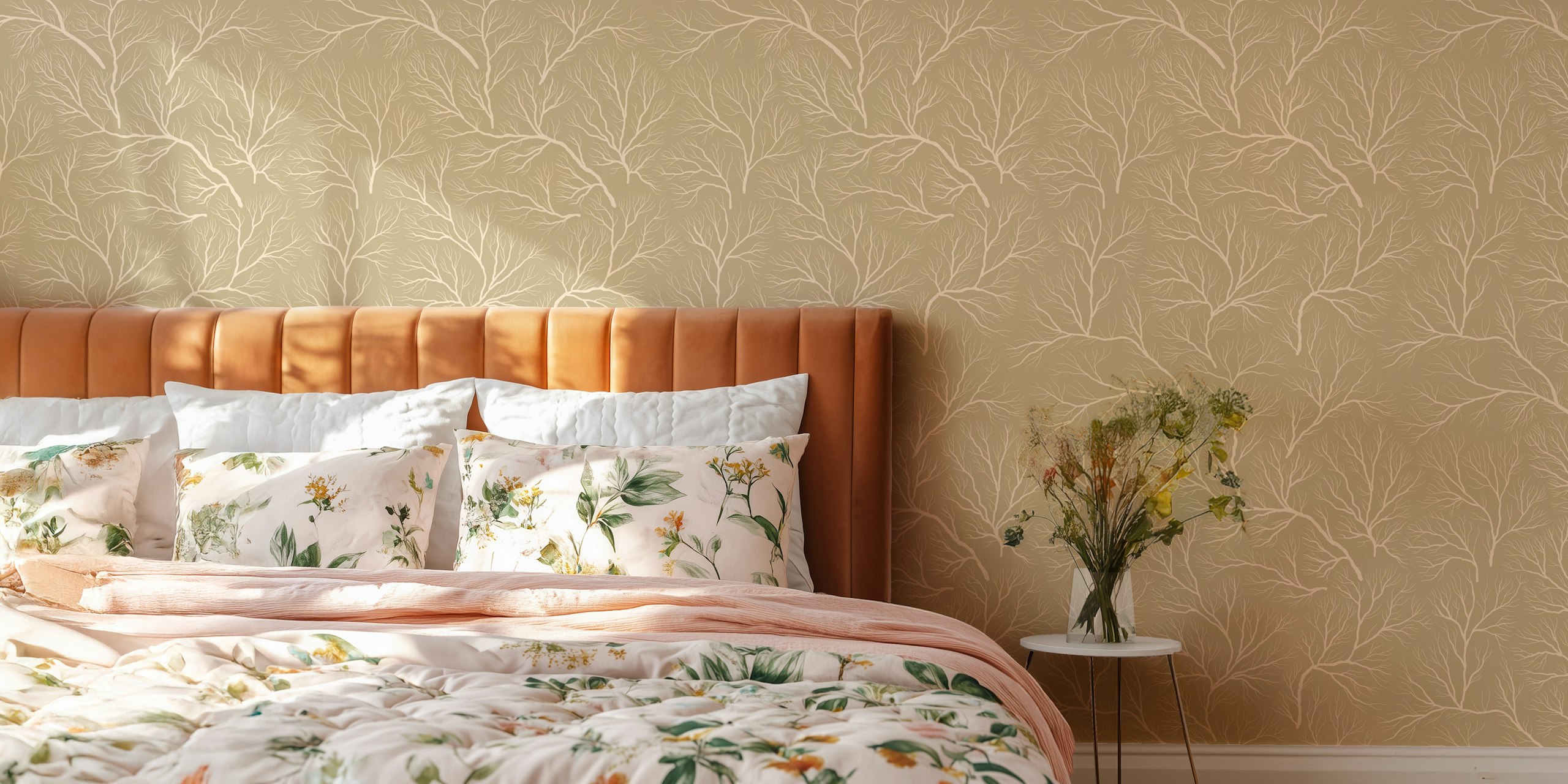 Beige wallpaper with delicate white branch patterns, nature-inspired design, elegant style