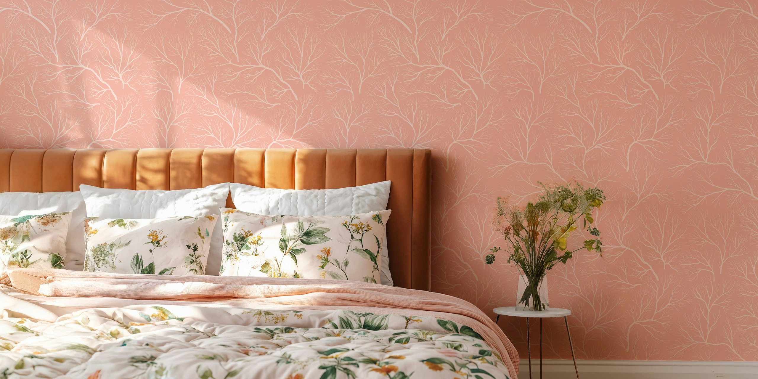 Delicate white branches on soft pink background wallpaper