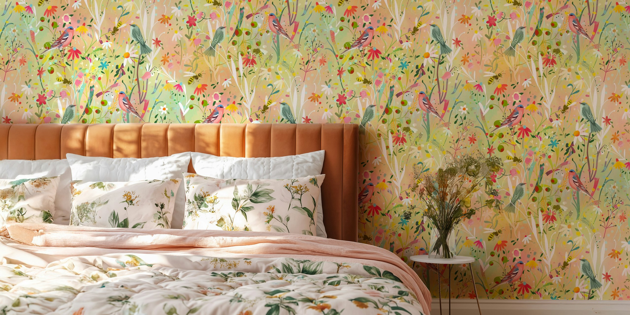 Tapet med pastel meadow, busy bees + birds