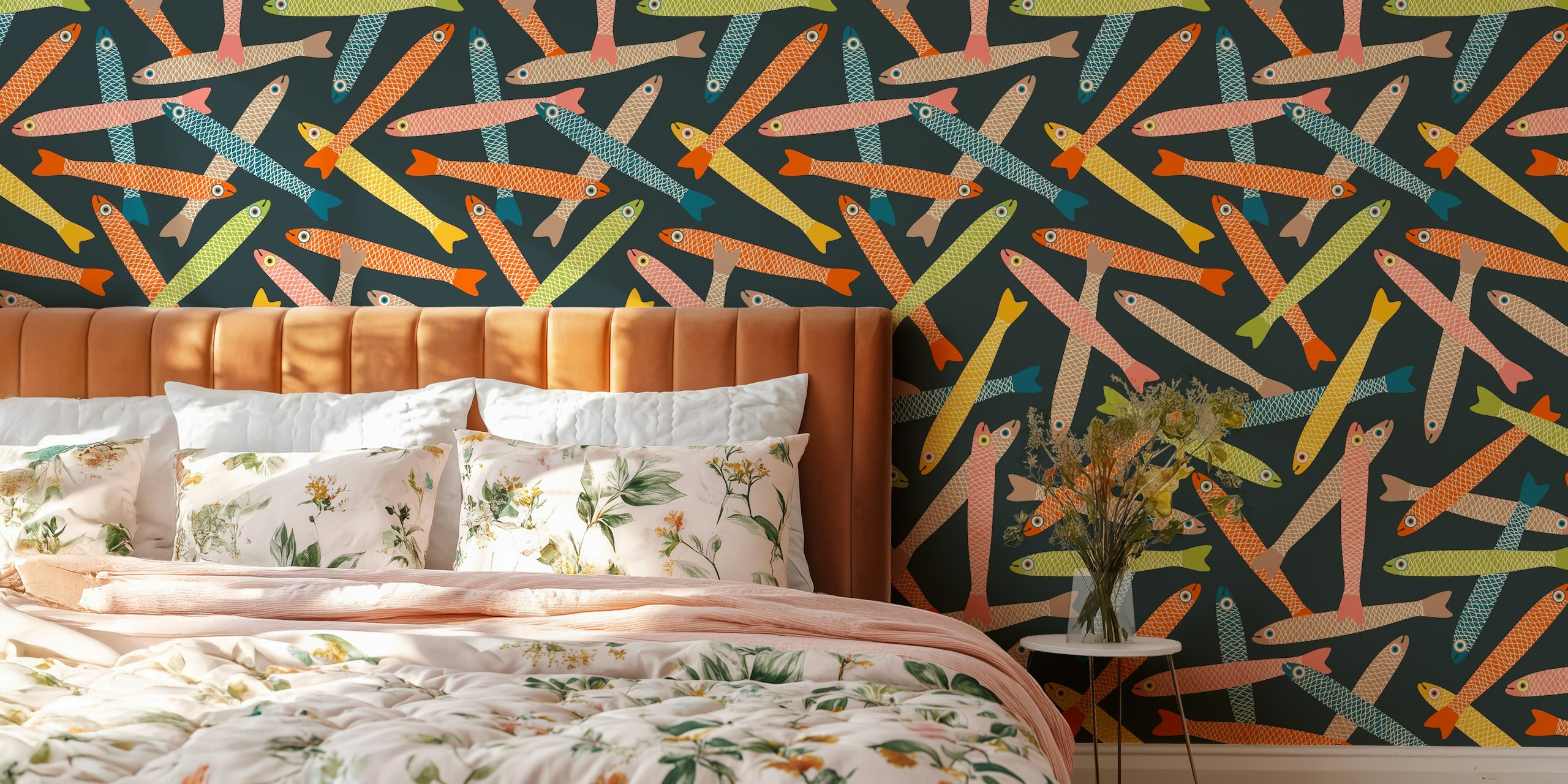 Colorful retro fish patterns scattered across a charcoal background on a wall mural.