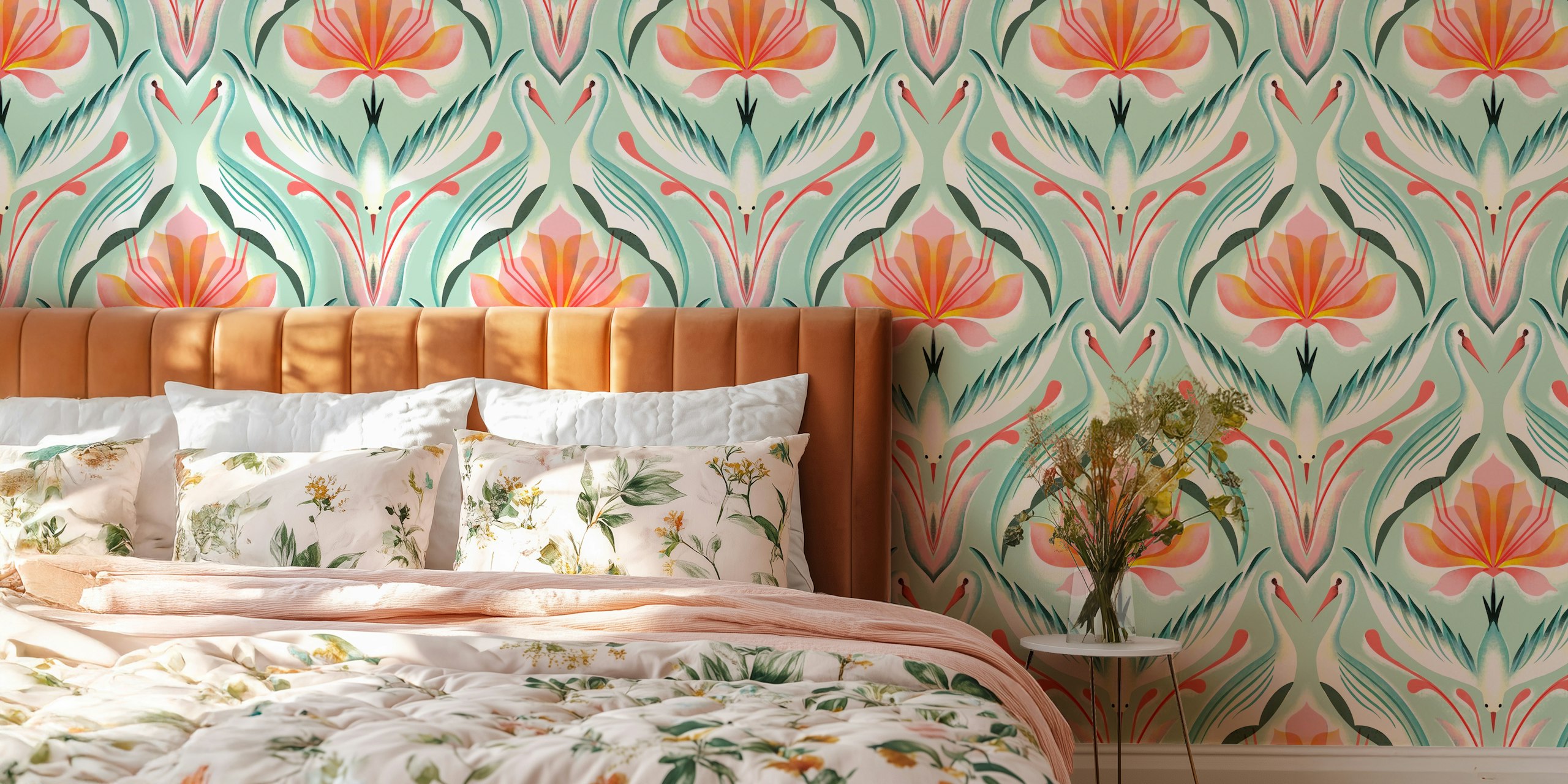 Fototapete mit Lotusblumen und eleganten Kranichen in symmetrischem Design mit einer sanften Farbpalette