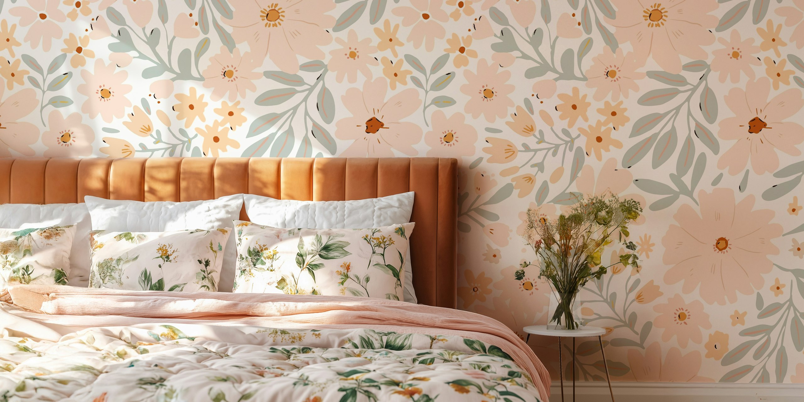 Pink floral wallpaper with soft beige and green leaves in a modern style