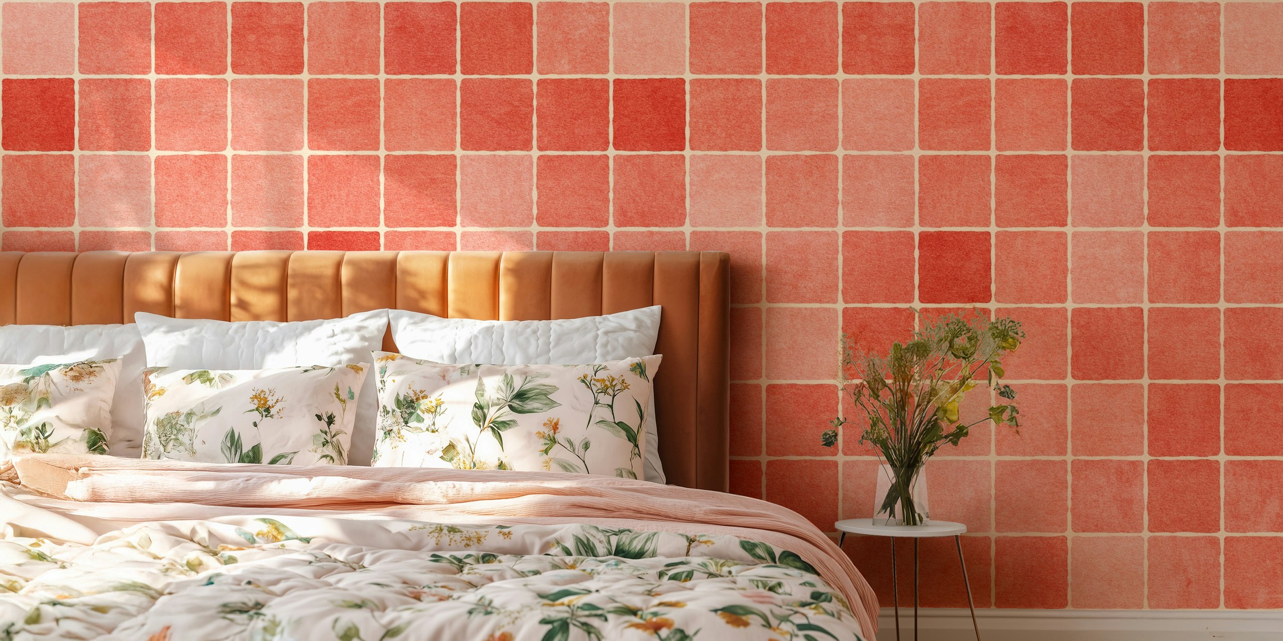 Red mosaic patterned wallpaper featuring small squares