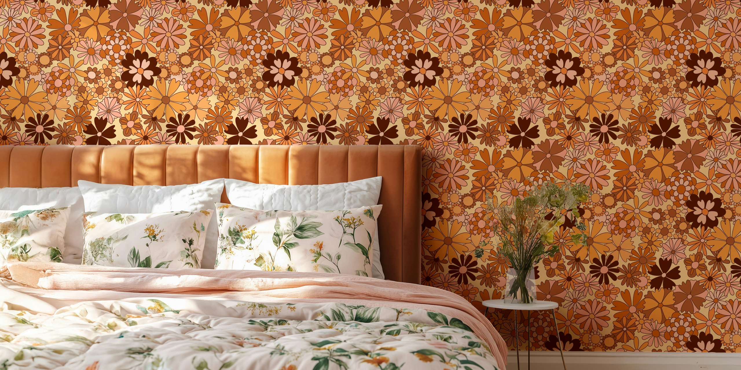 Retro floral wallpaper in a room setting