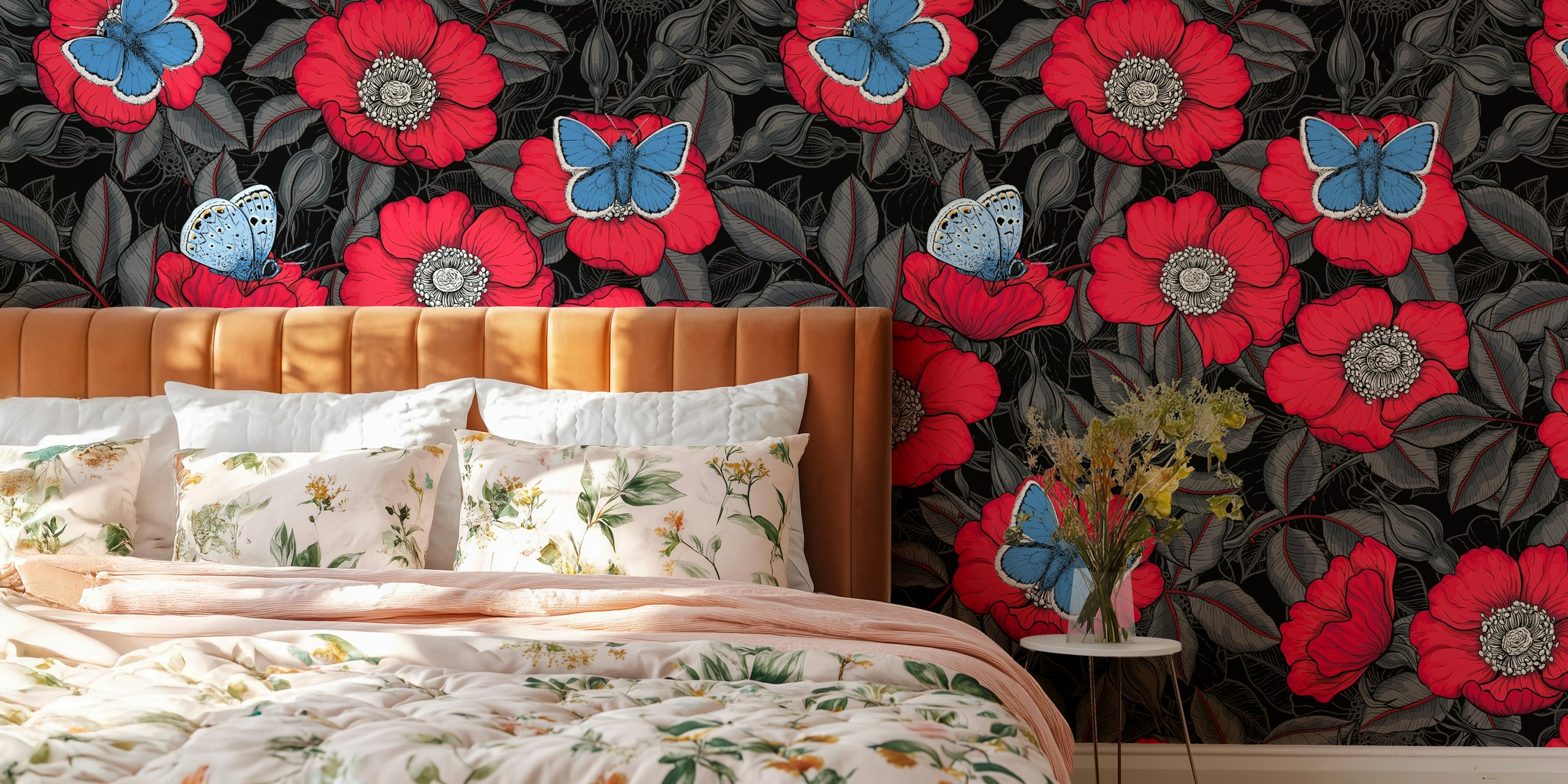 Dog rose and blue butterflies tapetdesign