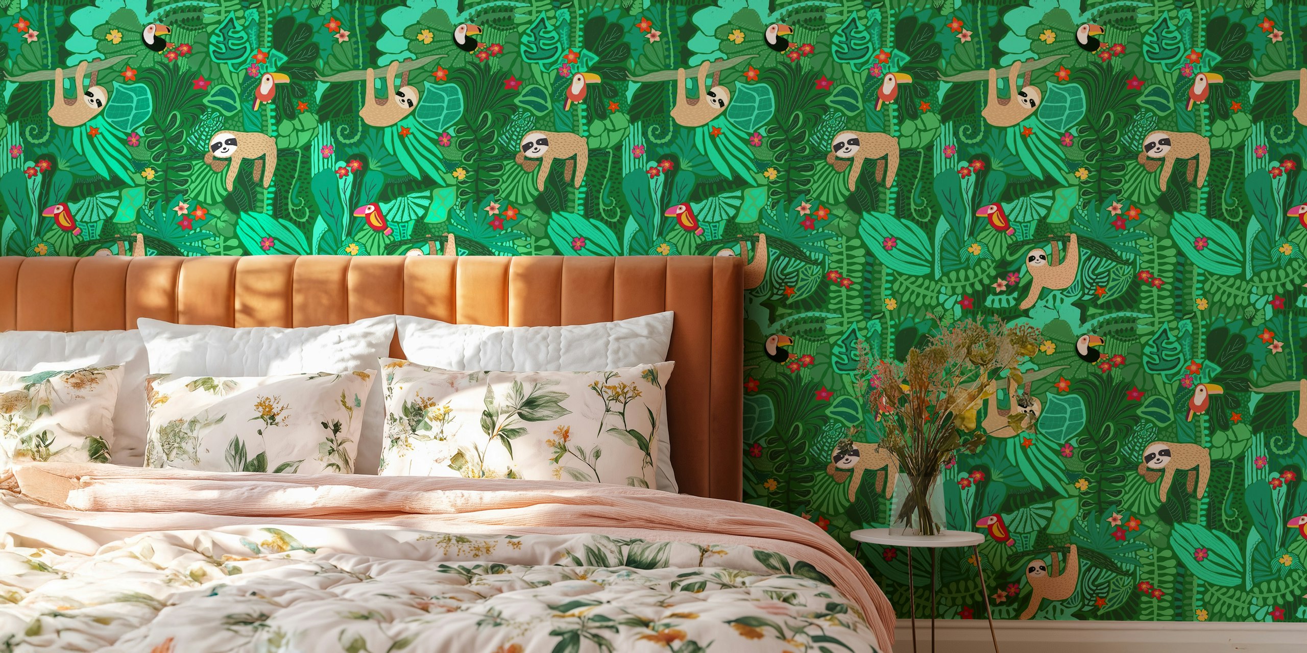 Sloths hanging in green jungle trees with colorful toucans and flowers wallpaper