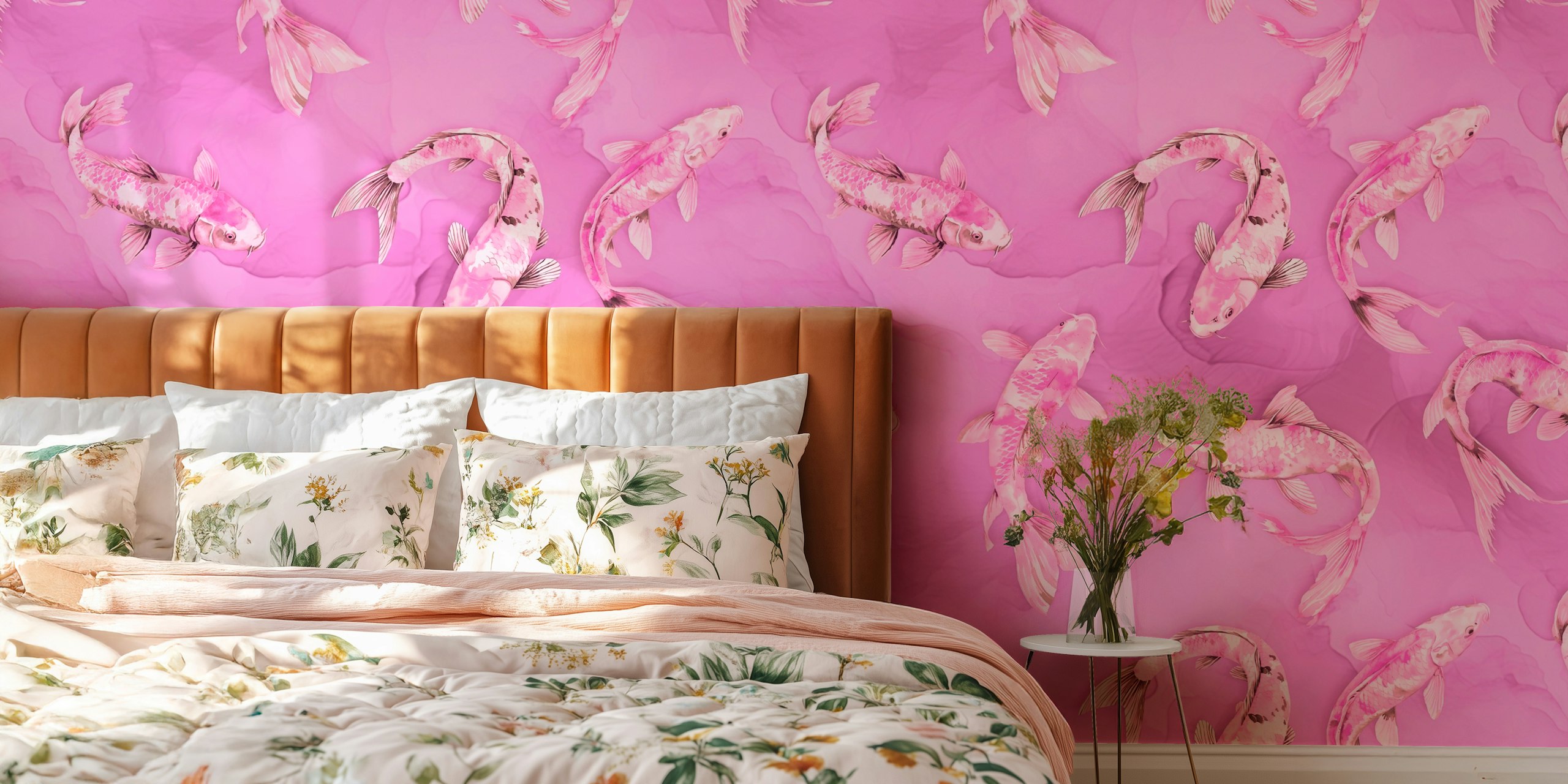 Floating Koi Fish Asia Inspired Pattern Pink in una stanza