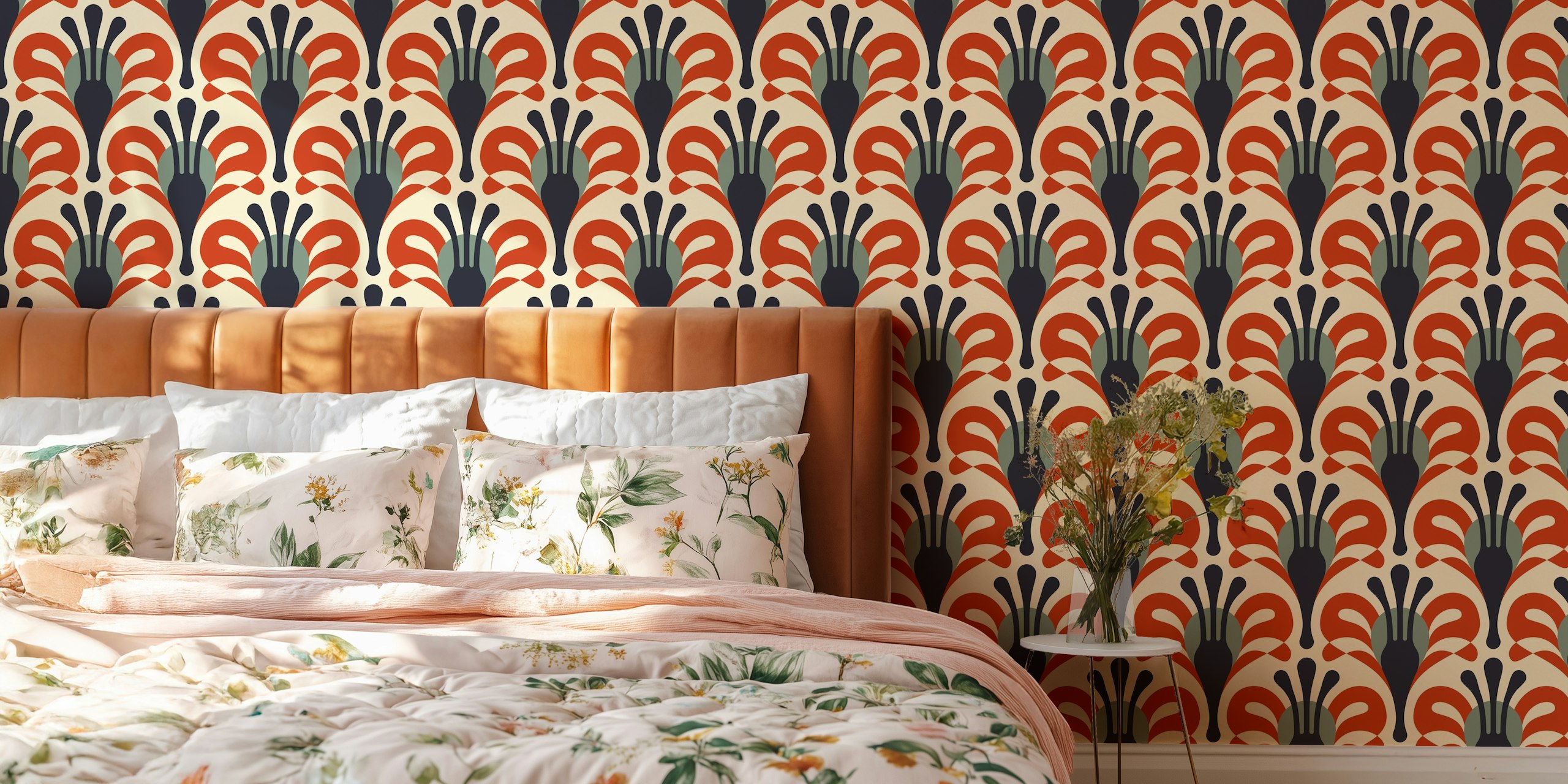 Vintage floral pattern with red, green, and cream tones wallpaper