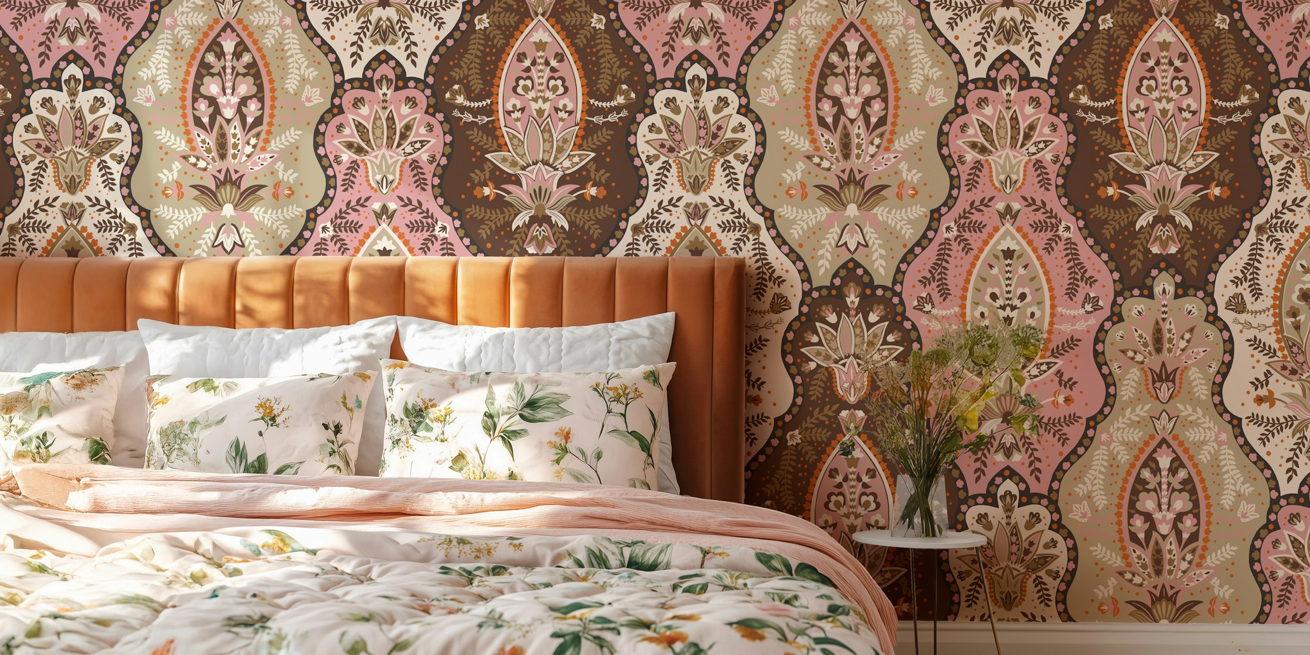 Country house paisley beige pink wallpaper design