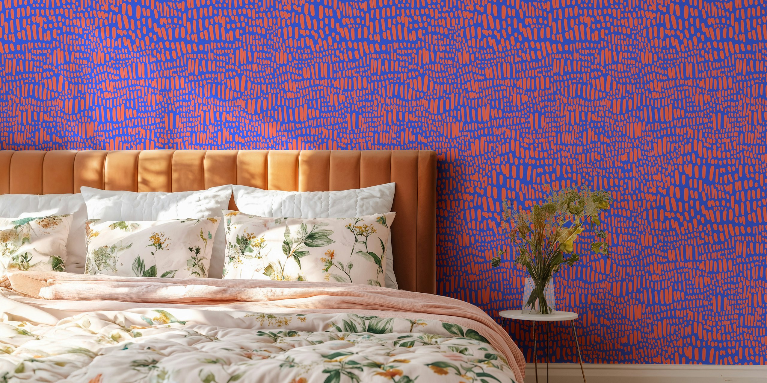 Organic lines and dashes red on blue wallpaper in a room
