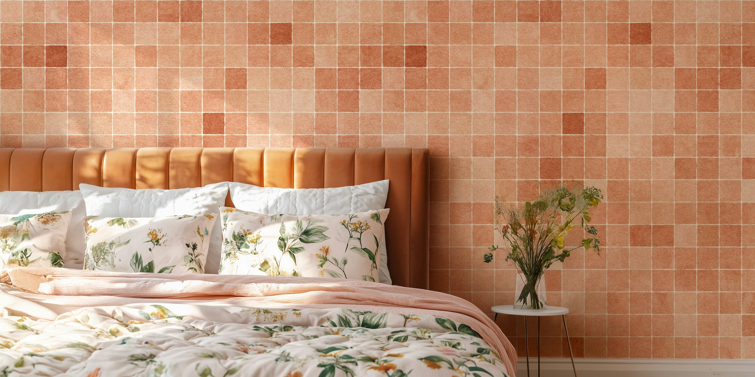 Peach mosaic tiles pattern with varying shades wallpaper