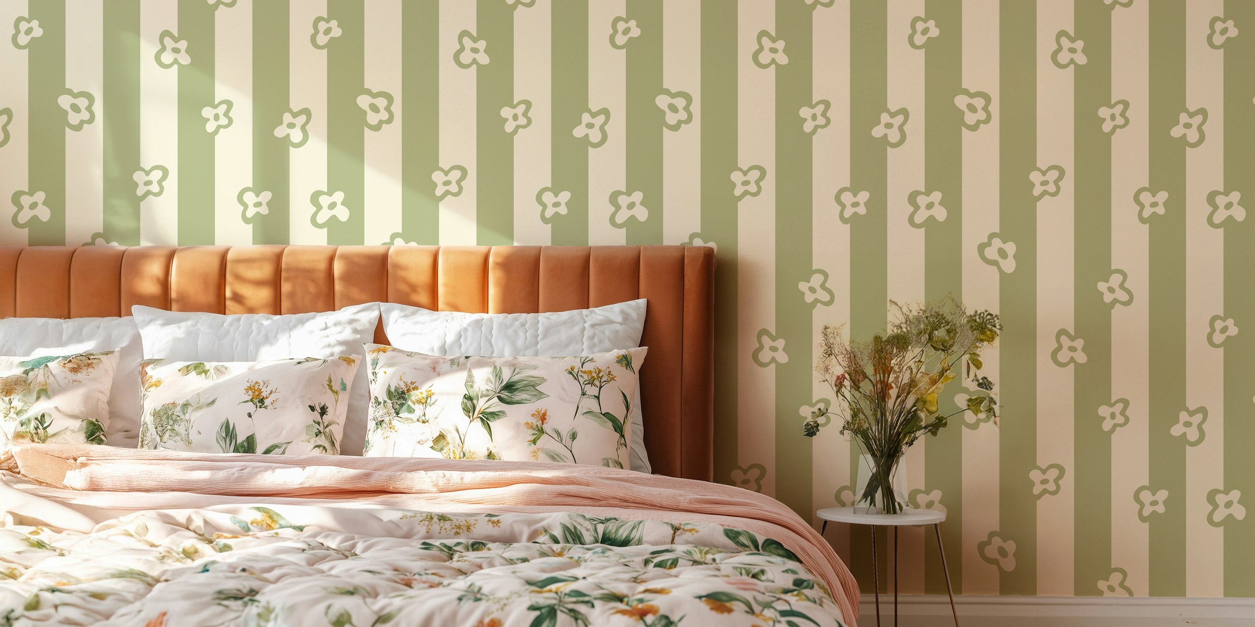 Sage green striped wallpaper in a room
