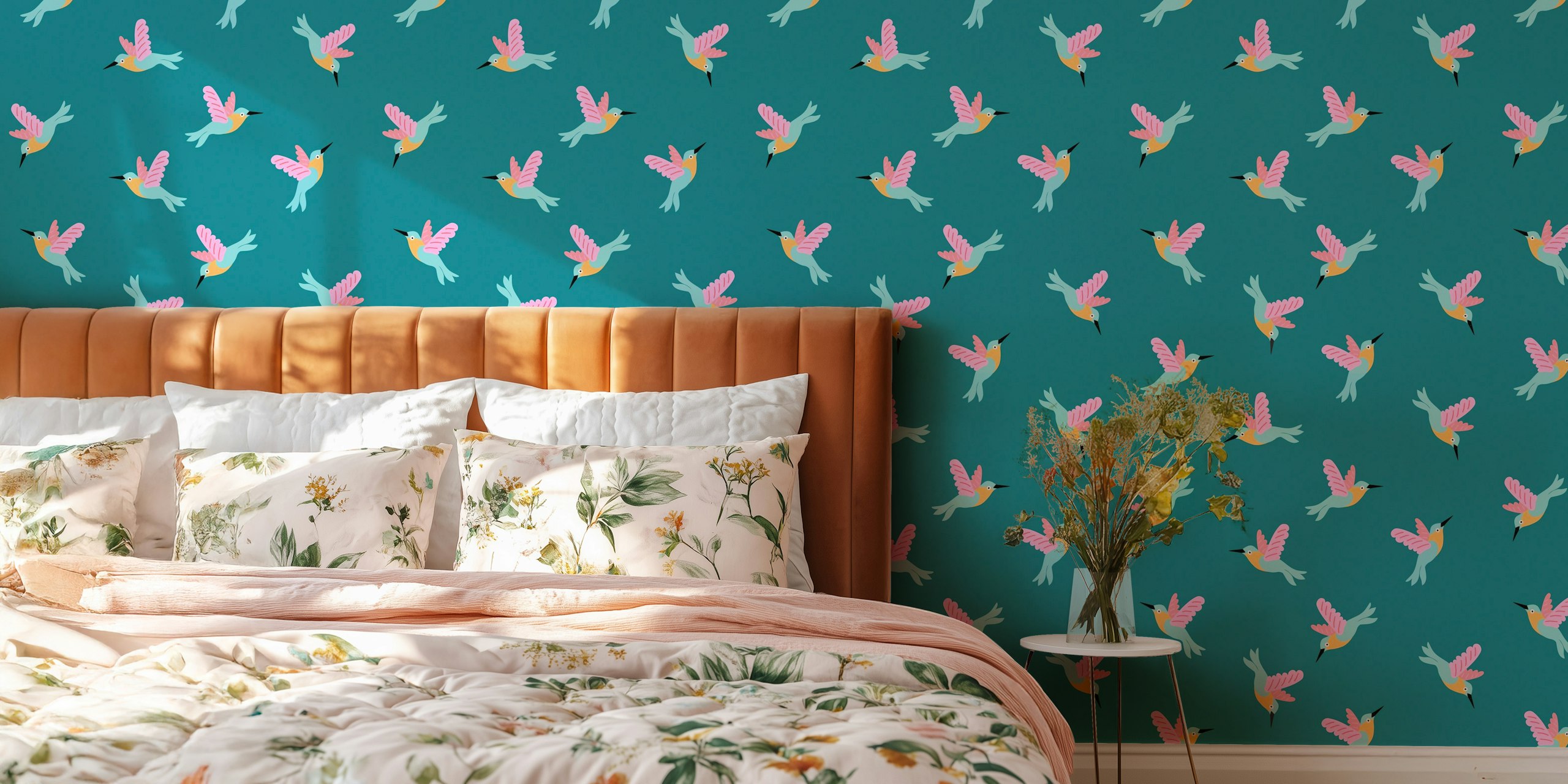 Wallpaper featuring hummingbirds on dark teal